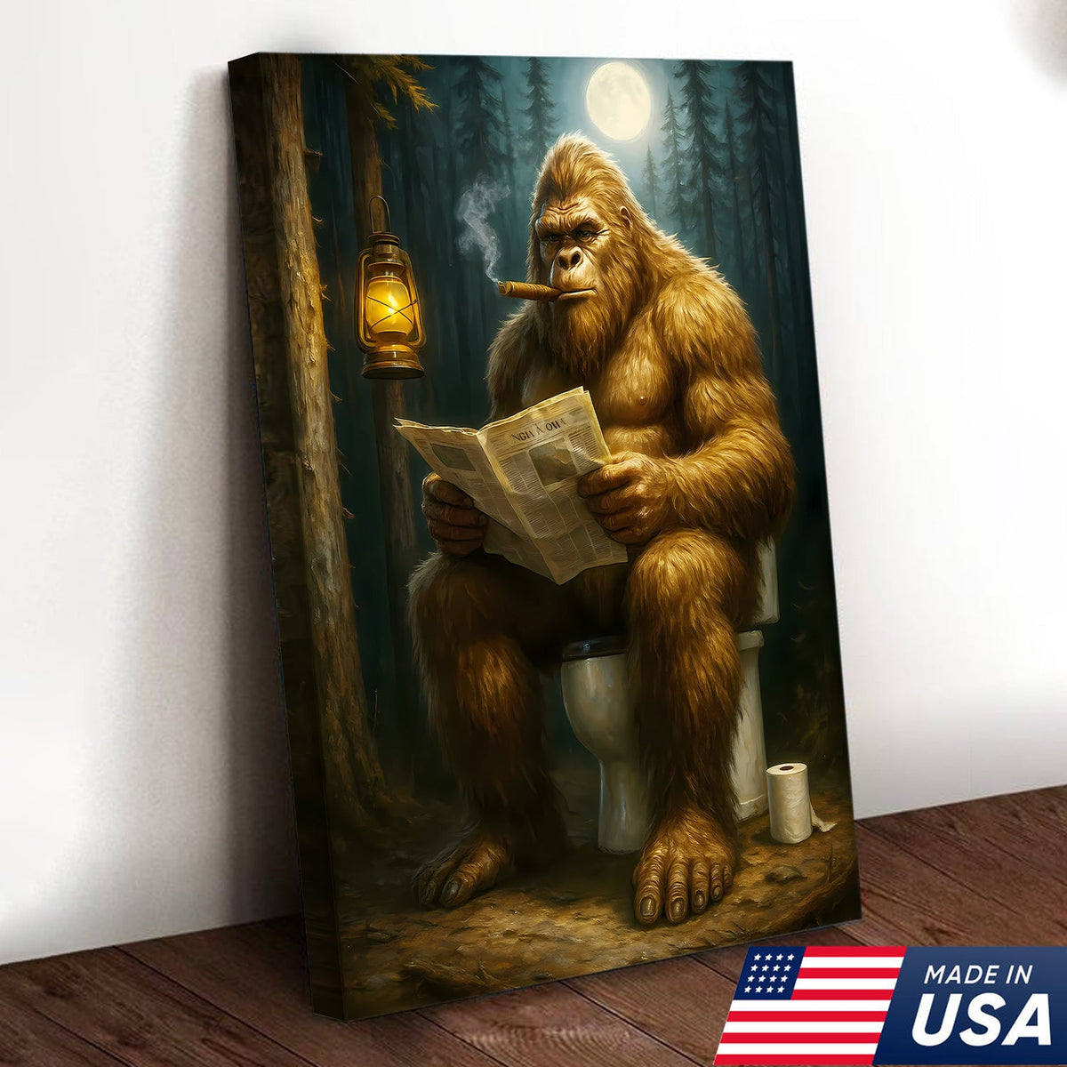 Funny Bigfoot Bathroom Canvas Wall Art, Sasquatch Reading Newspaper Picture