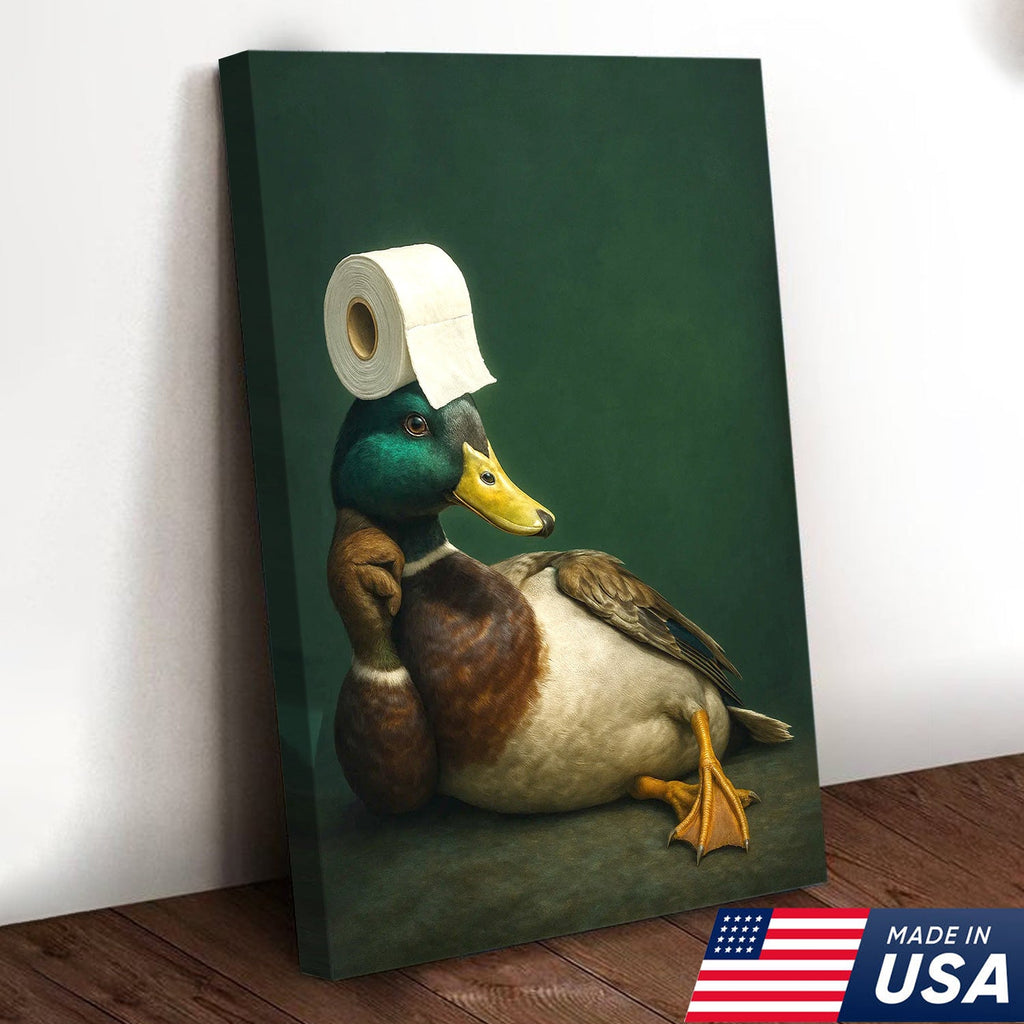 Funny Duck Bathroom Canvas Wall Art – Quirky Rustic Lodge Decor – Mallard Humor Gift Idea