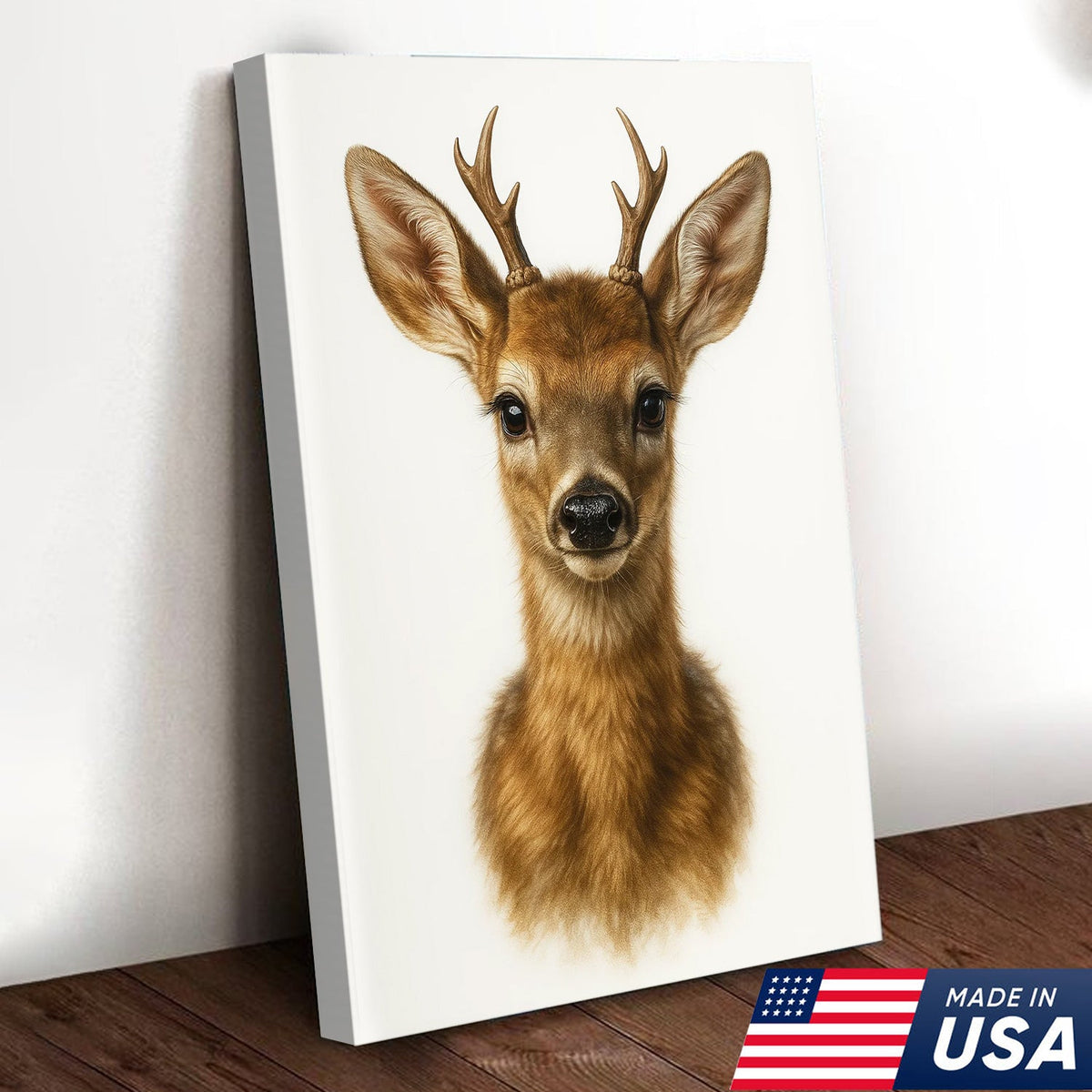 Minimalist Deer Canvas Wall Art, Realistic Baby Buck Portrait, Modern Wildlife Animal Print