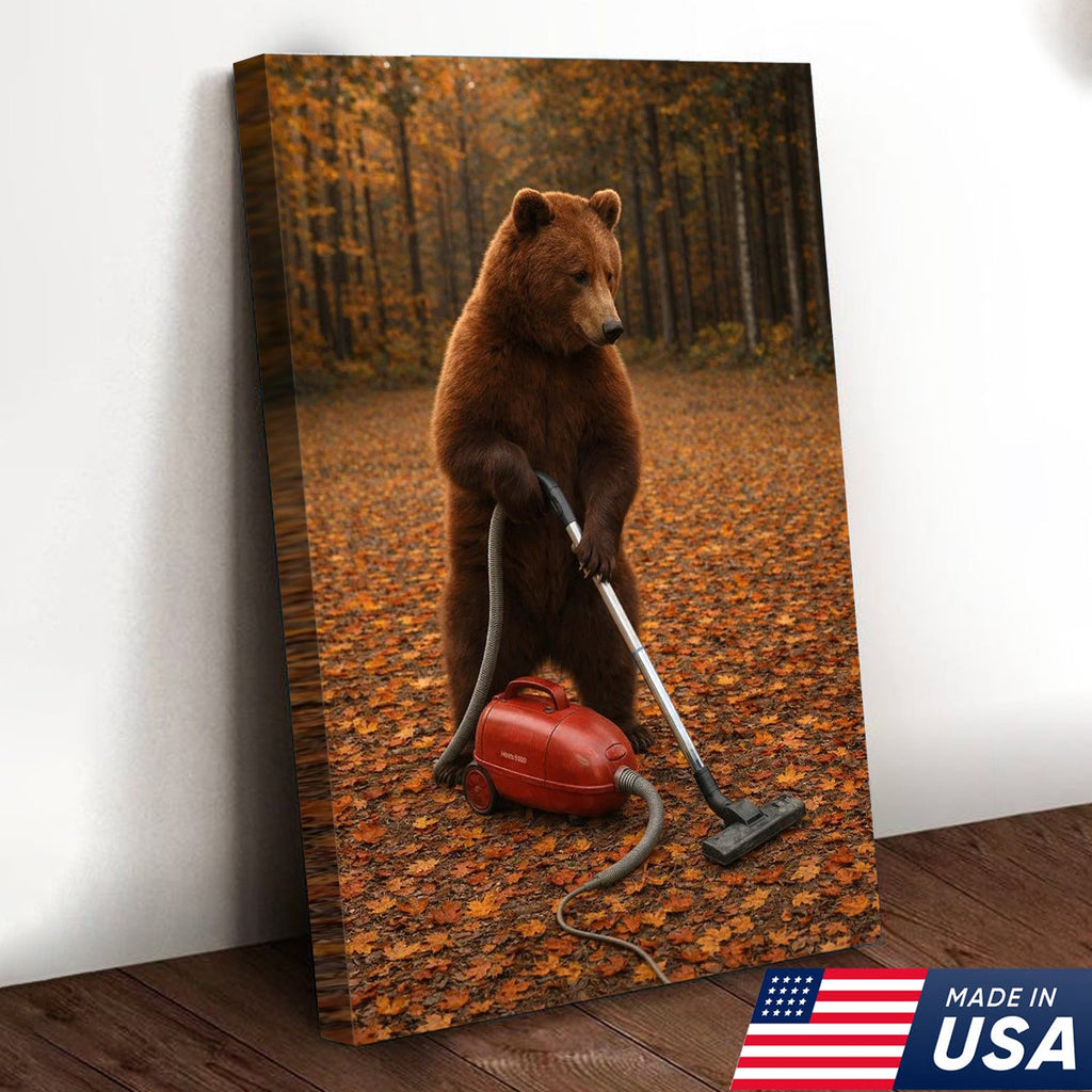 Funny Bear Vacuuming Leaves Canvas Wall Art, Whimsical Autumn Animal Humor Print
