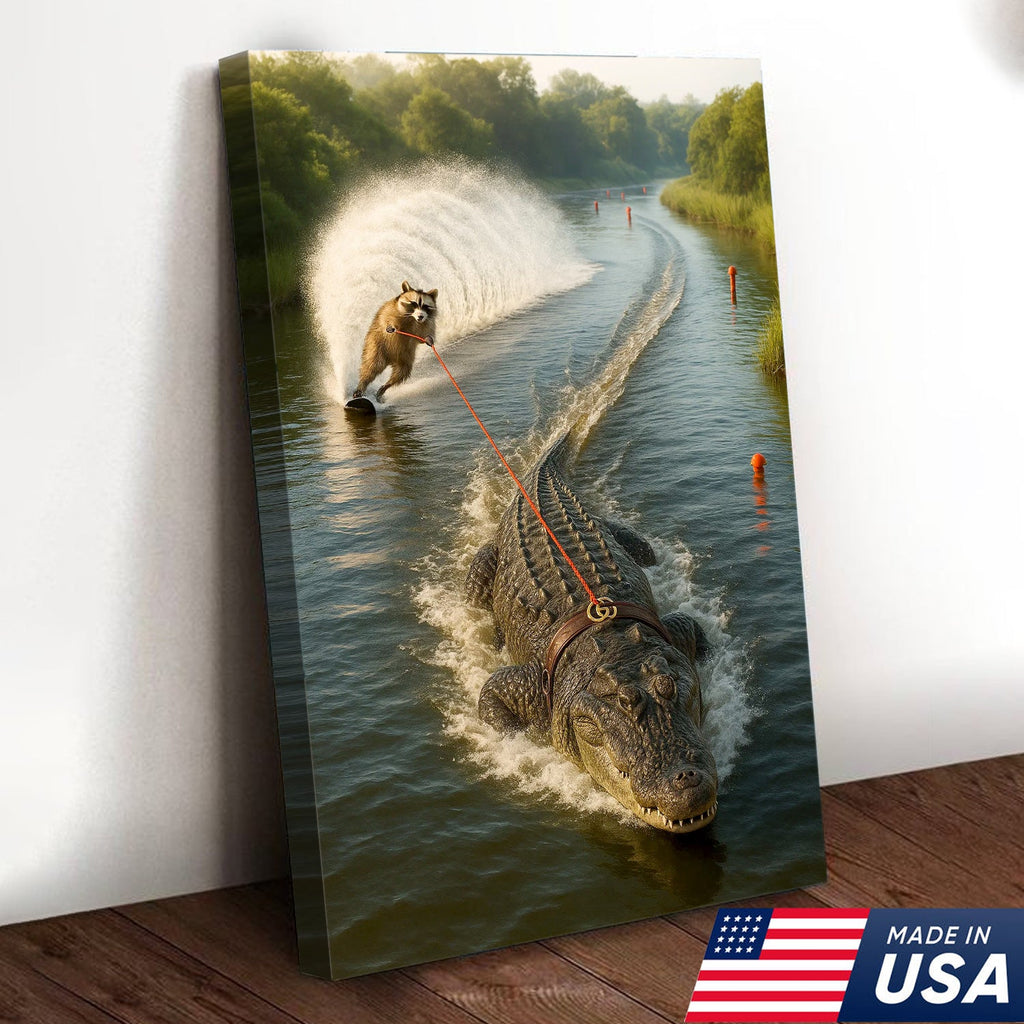 Racoon Water Skiing with Alligator Canvas Wall Art, Funny Animal Adventure Decor