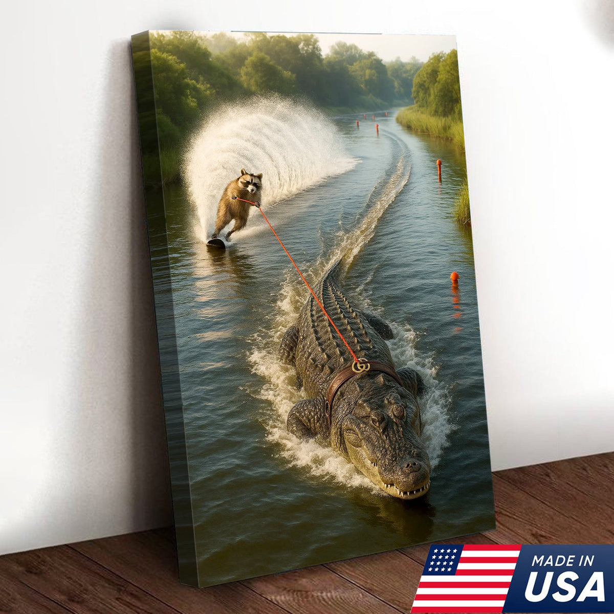Racoon Water Skiing with Alligator Canvas Wall Art, Funny Animal Adventure Decor