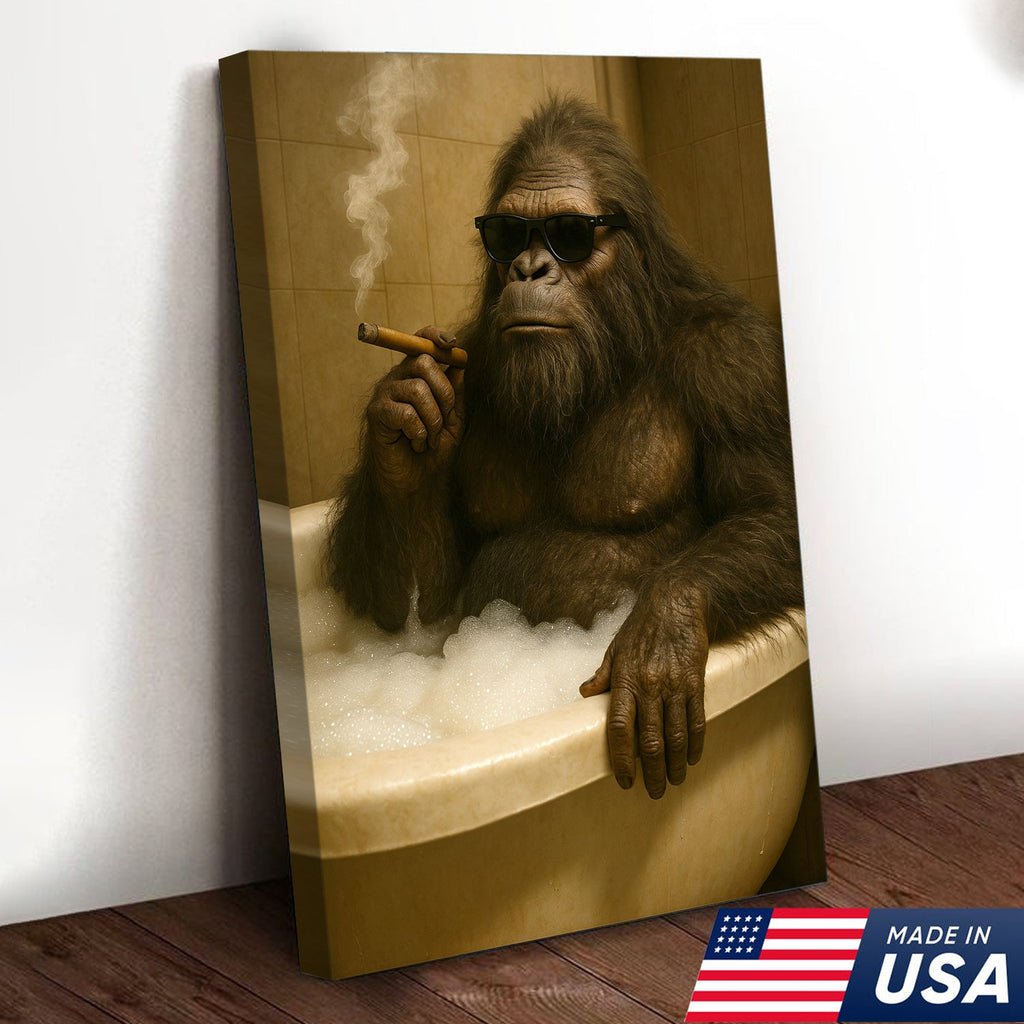 Funny Bigfoot Smoking Canvas Wall Art – Cool Bathtub Scene Gift for Hunters & Outdoorsmen