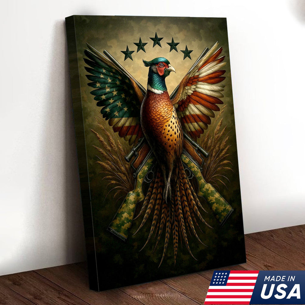 American Flag Pheasant Canvas Wall Art, Patriotic Hunting Decor for Men, Rustic Cabin Artwork