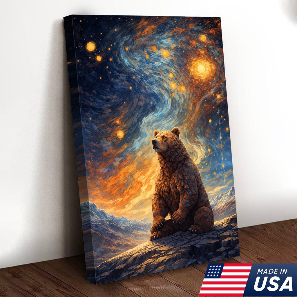 Cosmic Bear Under Starry Sky Canvas – Dreamy Galaxy Wildlife Wall Art