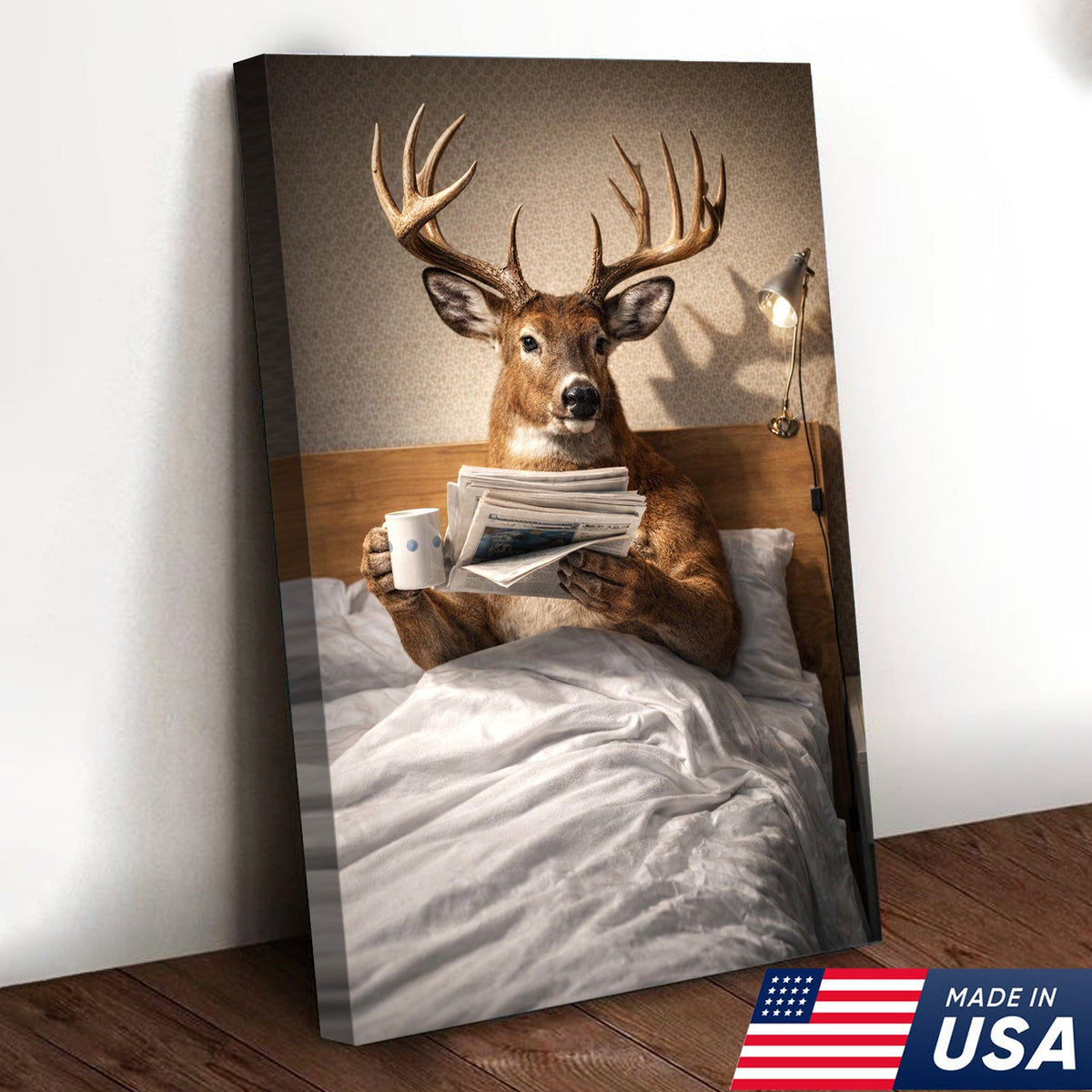 Funny Deer Canvas Wall Art Morning Coffee Newspaper Animal Humor Decor