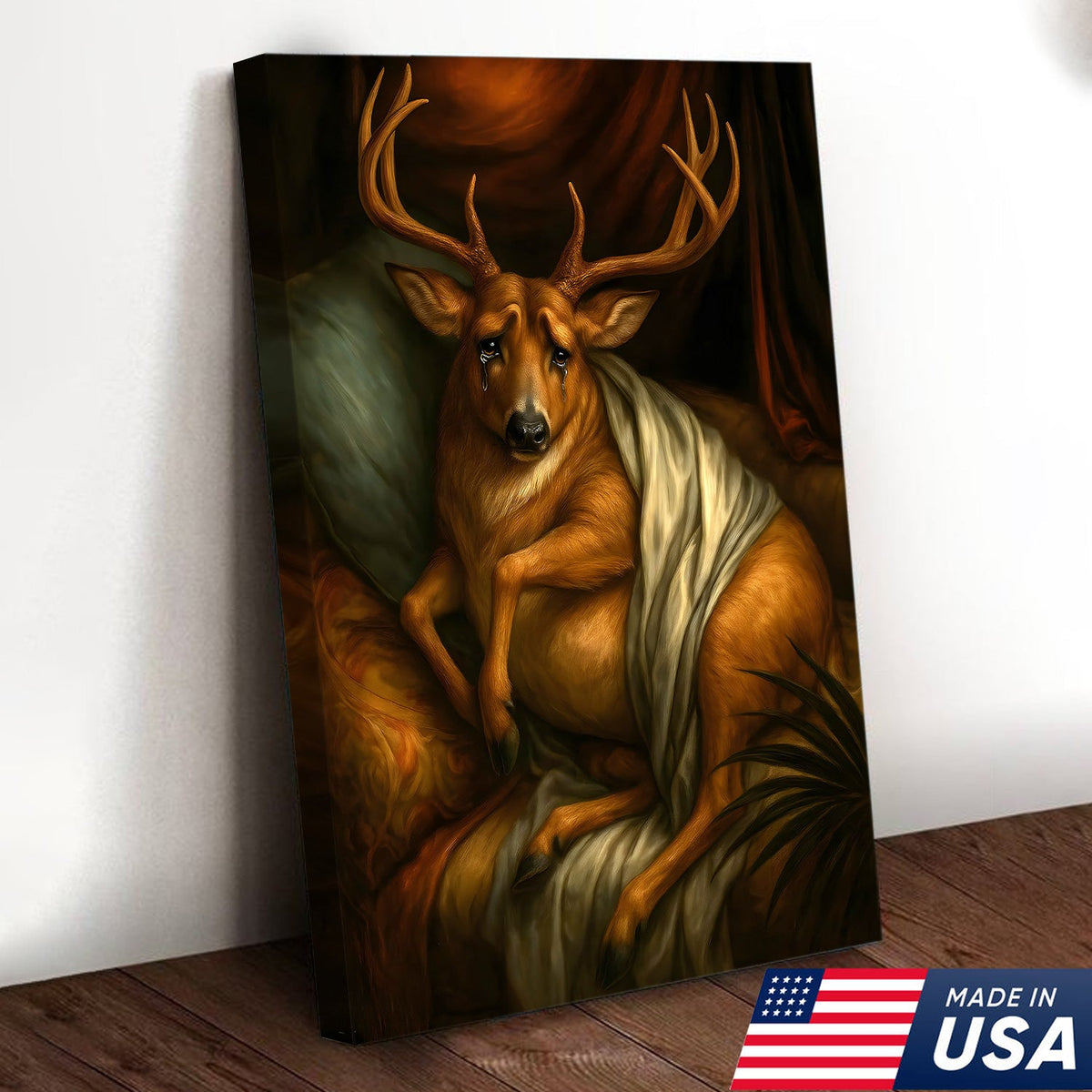 Funny Deer Portrait Canvas Wall Art, Renaissance Buck Painting with Draped Cloth