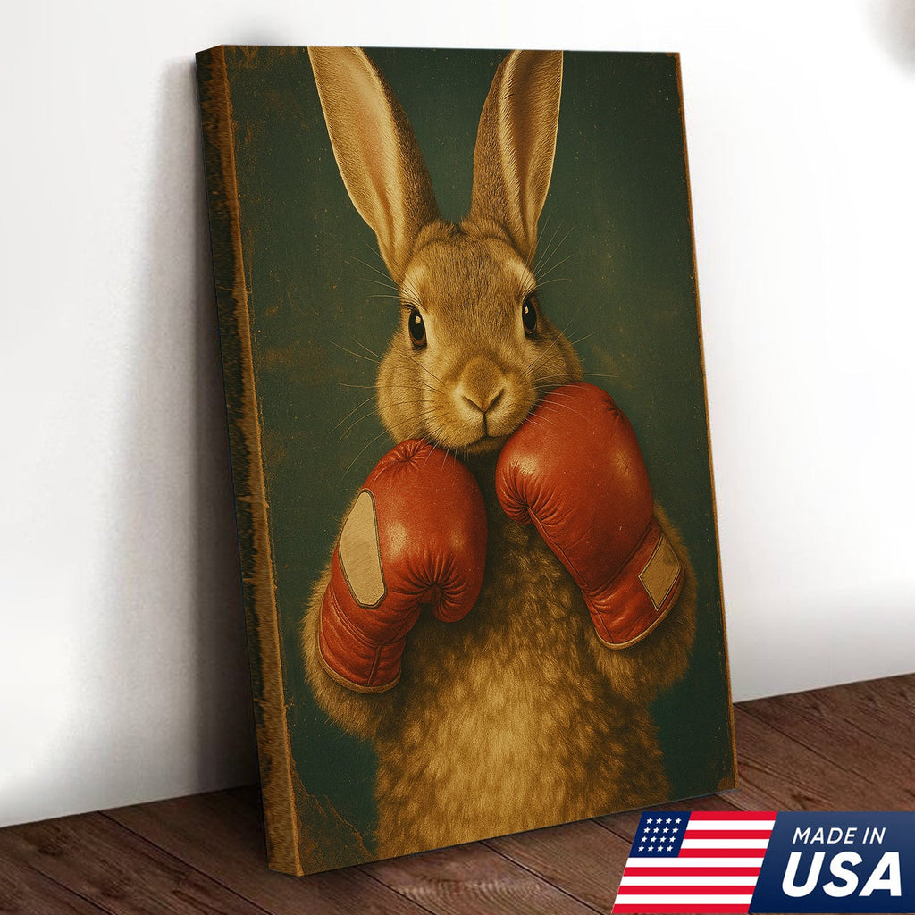 Funny Bunny Boxer Canvas – Sports Animal Wall Art for Gym, Boxing Lovers, Rustic Man Cave Decor