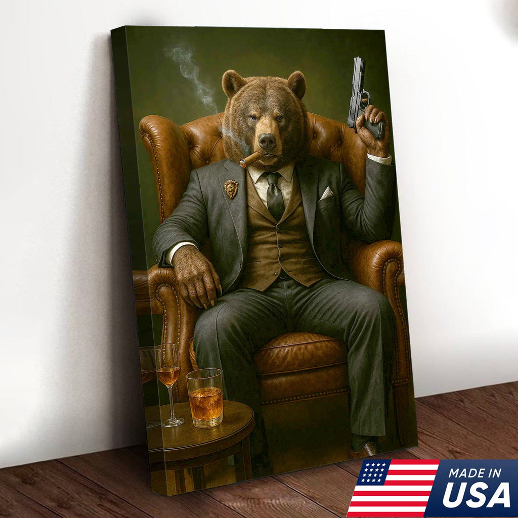 Boss Bear in Tailored Suit Canvas Wall Art, Powerful Gentleman Animal Portrait