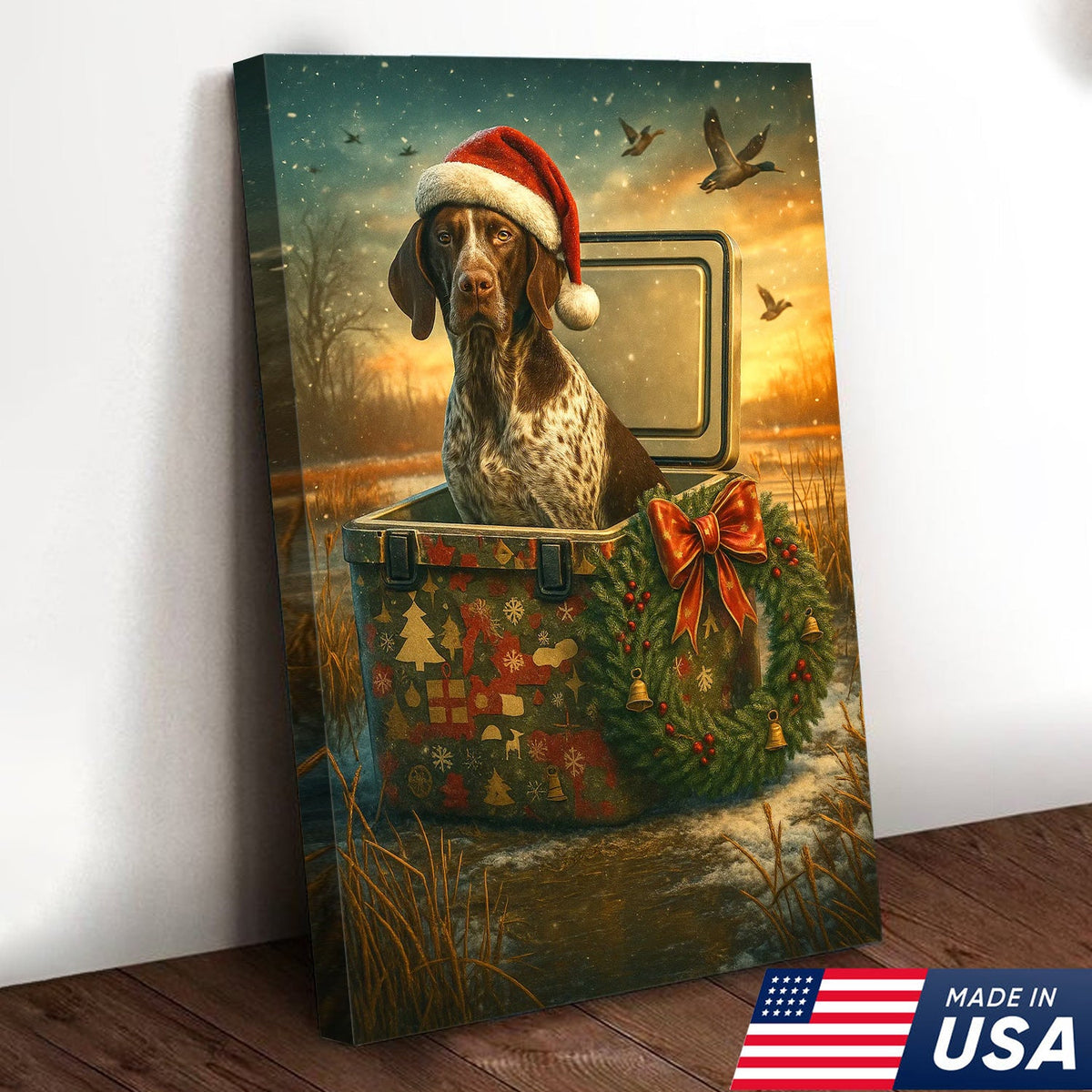 Funny Hunting Dog Christmas Canvas Art, Holiday Retriever Wall Decor for Hunters
