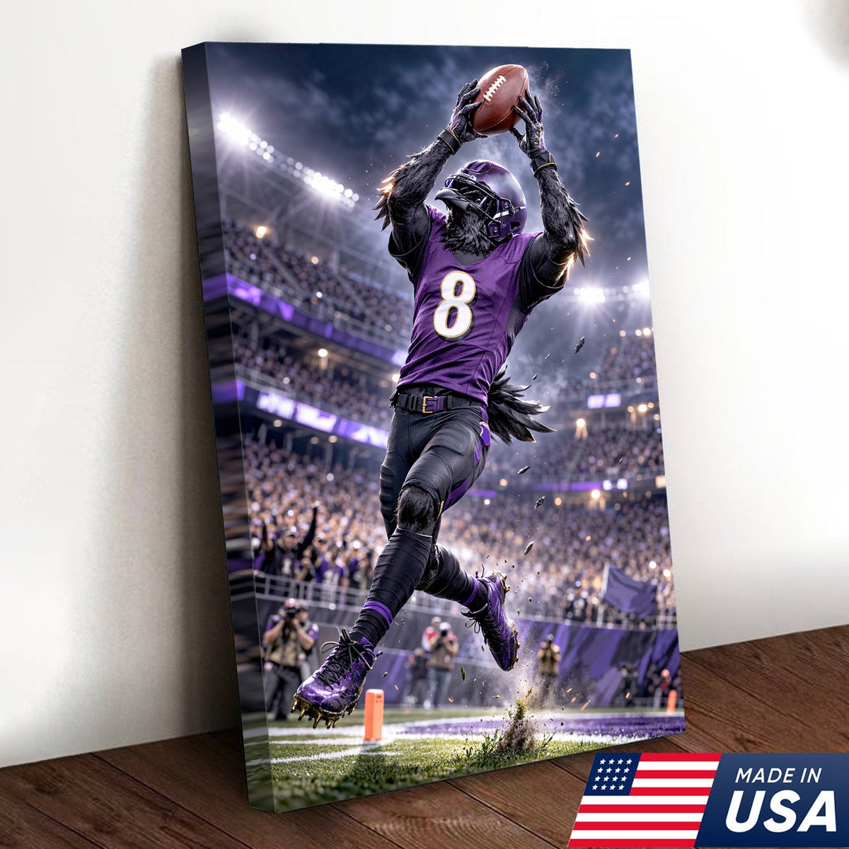 Raven Football Player Canvas Wall Art – Purple Stadium Touchdown Action Print