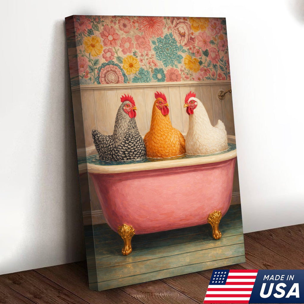 Funny Chicken Bathroom Canvas Wall Art – Chickens In Bathtub Painting