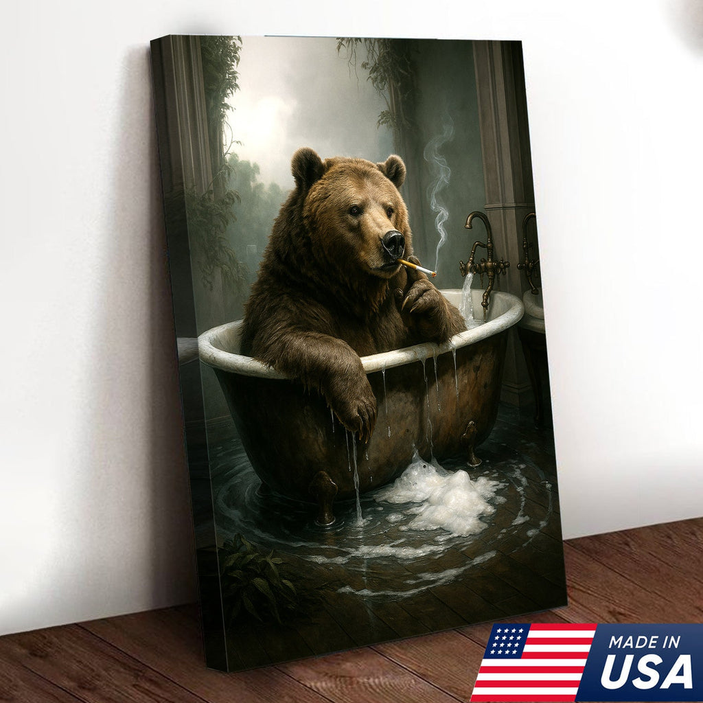 Smoking Bear in Bathtub Canvas – Surreal Rustic Wall Art for Man Cave & Lodge Decor