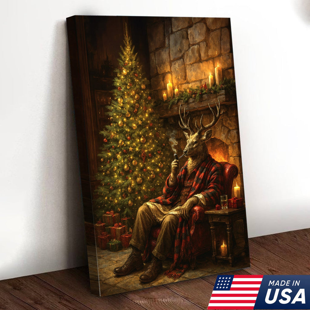 Christmas Deer Smoking Pipe Canvas - Cozy Cabin Wall Decor, Rustic Holiday Artwork
