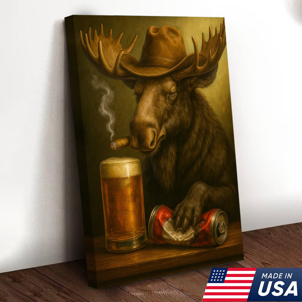 Rustic Cowboy Moose Beer Canvas – Funny Bar Wall Art Gift for Hunters, Cabin Decor & Man Caves