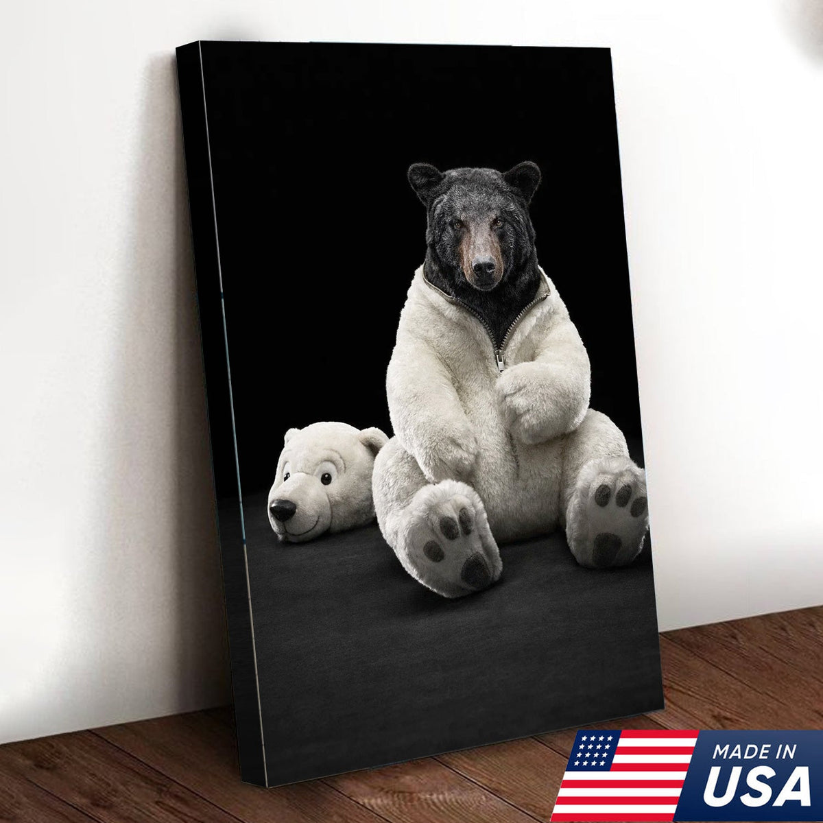 Cute Bear in Plush Suit Canvas Wall Art, Playful Bear Illustration with Soft Toy Head