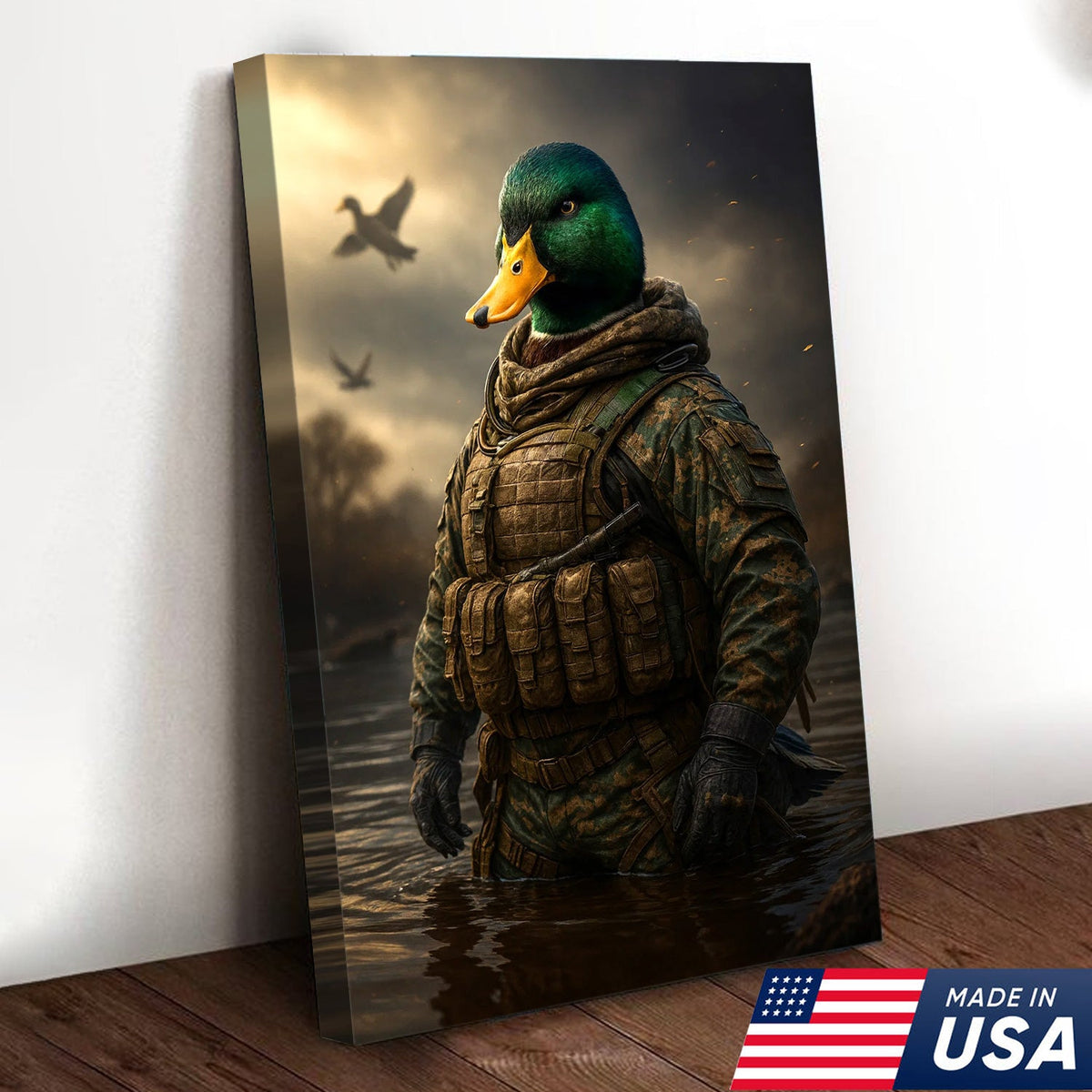 Tactical Duck Canvas Art – Elite Armored Mallard Warrior in Battle Scene