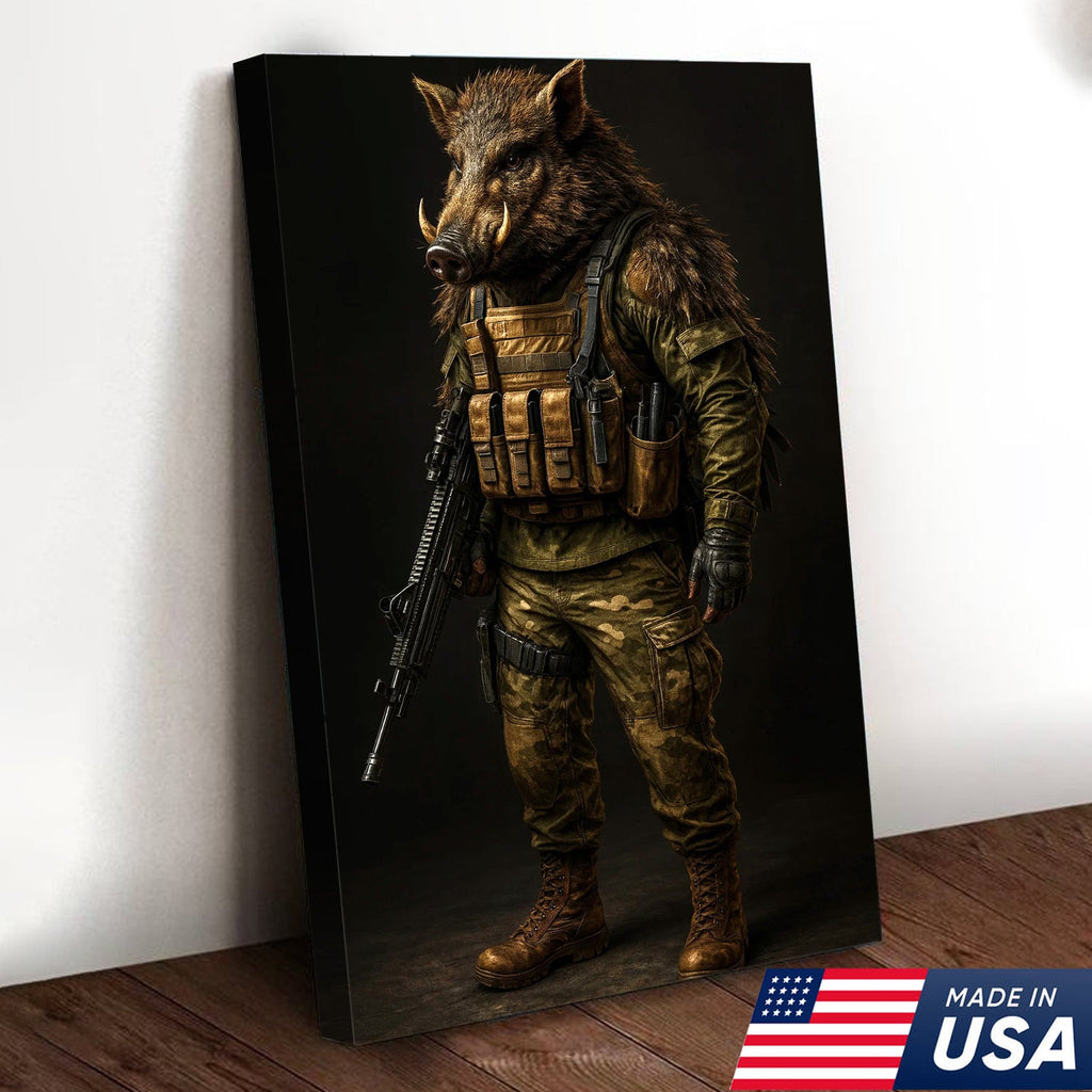 Tactical Boar Canvas Art – Armored Wild Hog Warrior in Combat Gear