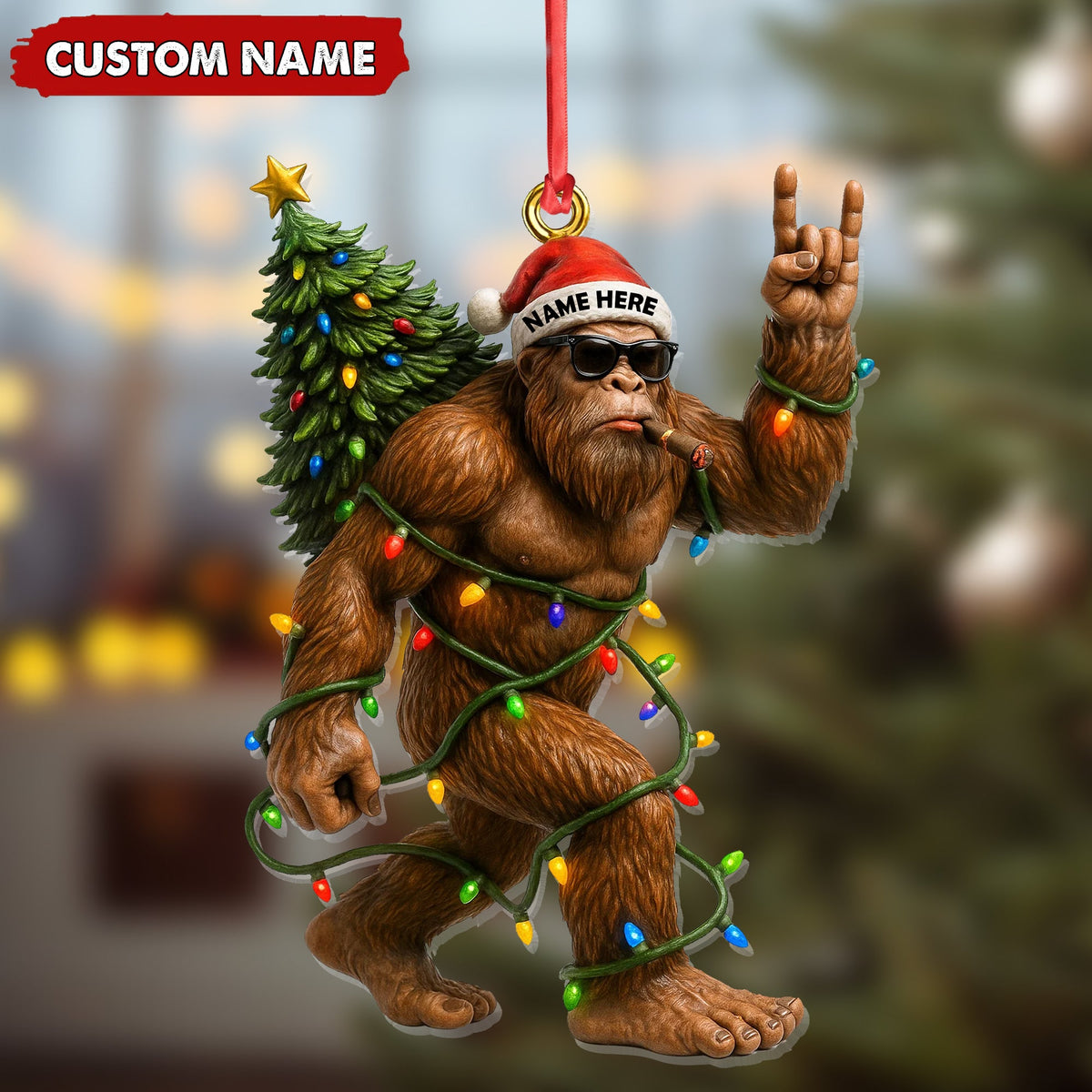 Personalized Bigfoot Christmas Ornament, Custom Name Funny Holiday Gift for Hunters