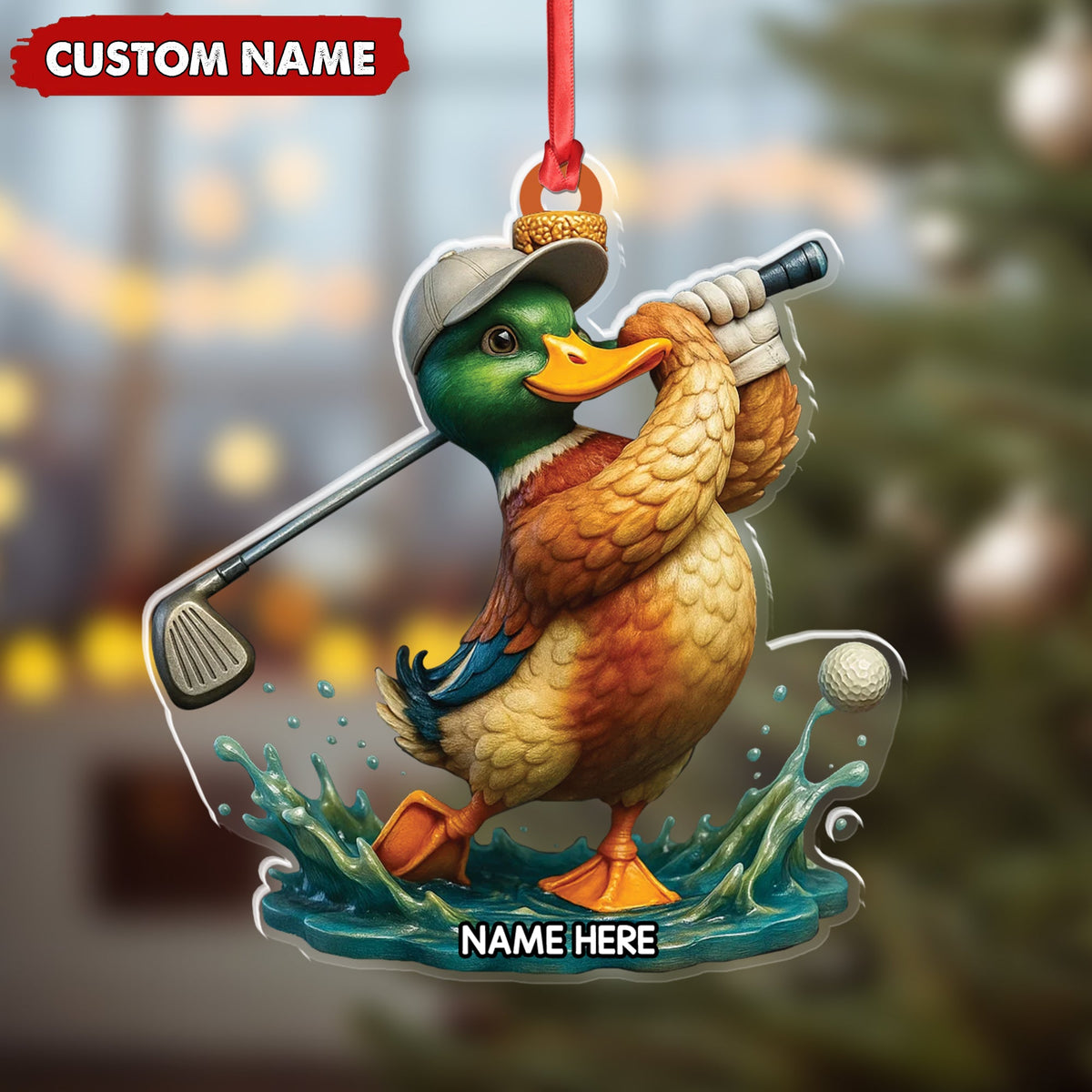 Personalized Acrylic Duck Golf Christmas Ornament – Custom Name Funny Hunter Gift for Golf Lovers
