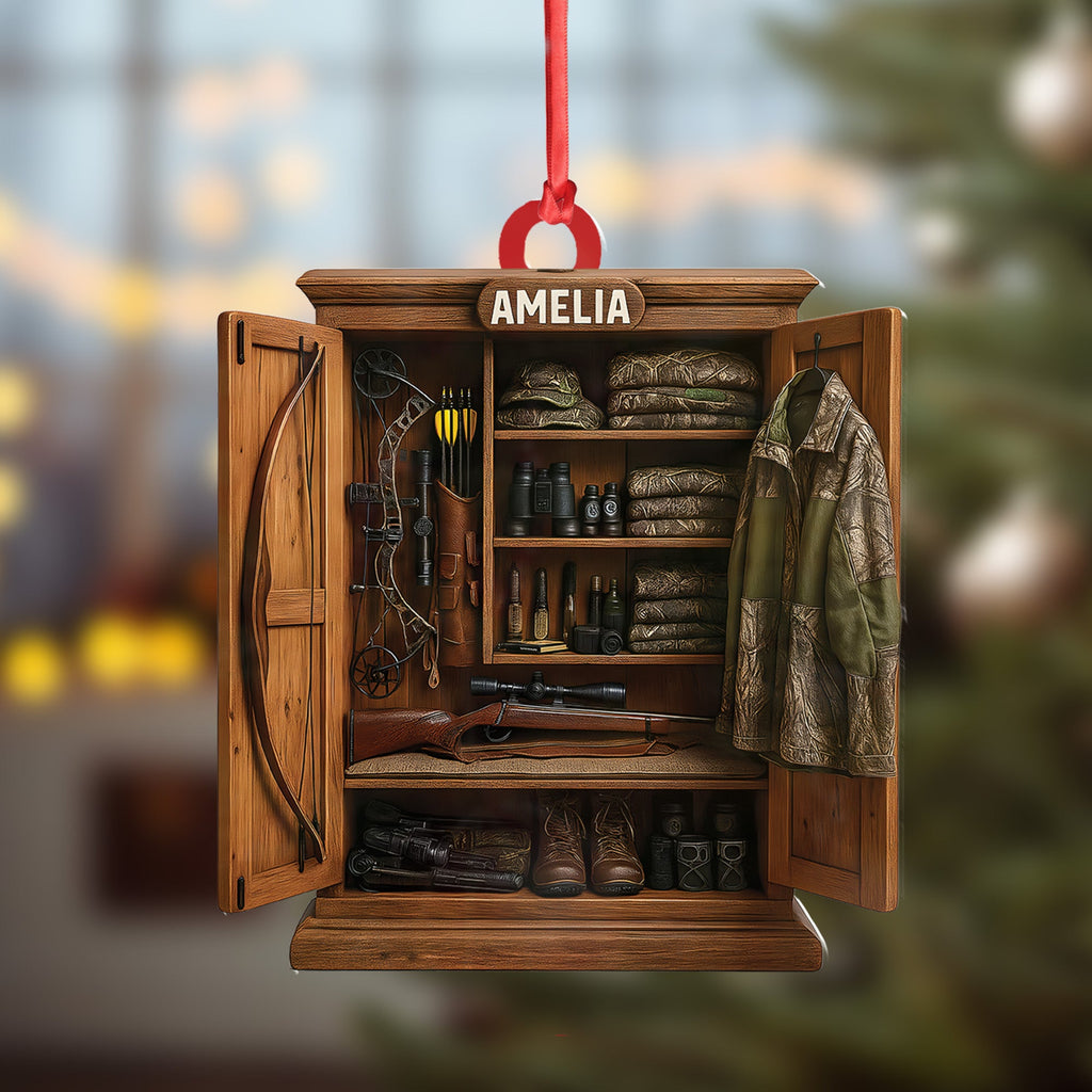 Personalized Hunter’s Gear Closet Ornament, Custom Name Hunting Equipment Christmas Decoration
