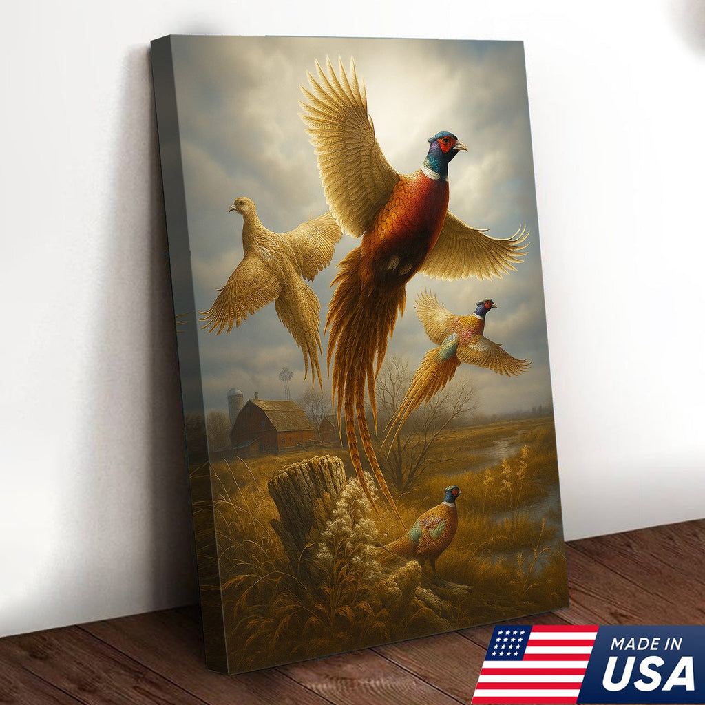Pheasant in Flight Canvas – Rustic Countryside Wall Art for Lodge & Hunting Decor