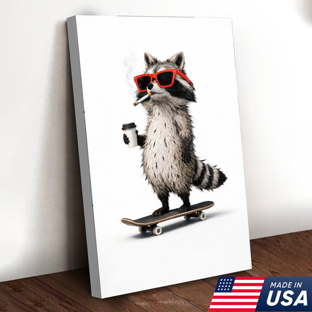 Cool Skateboard Raccoon Wall Art Canvas Print, Funny Urban Animal Illustration