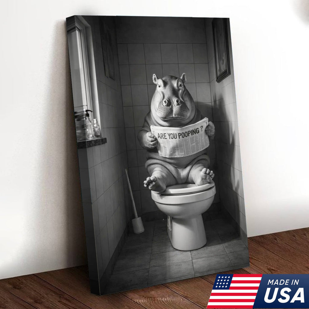 Funny Hippo Bathroom Wall Art, Are You Pooping Hippo Toilet Canvas