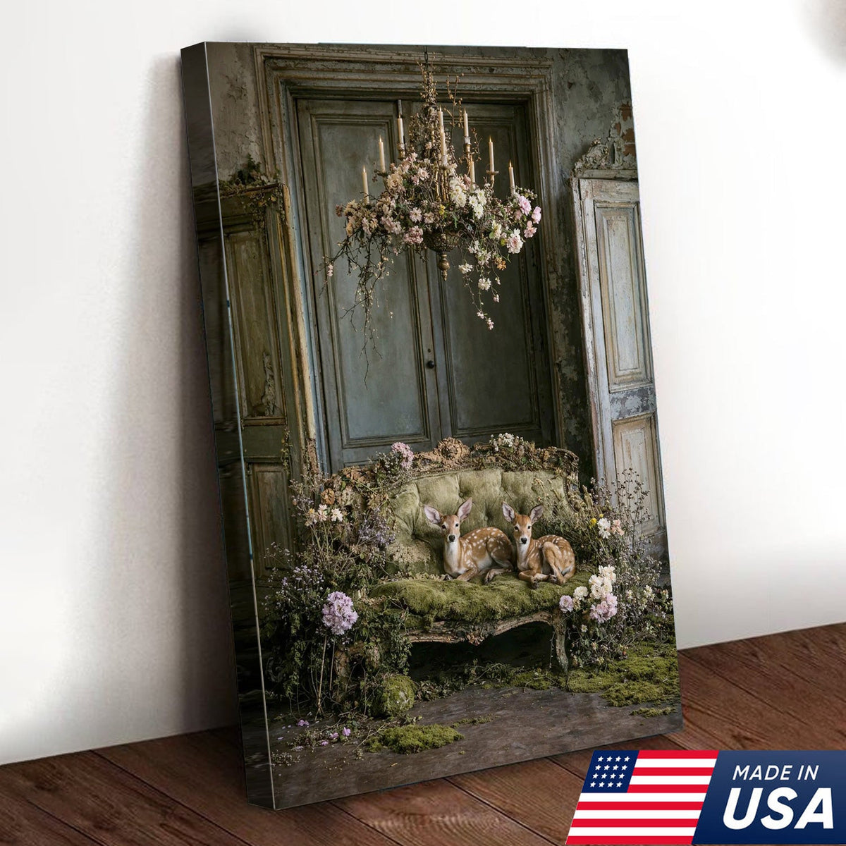 Vintage Fawn Sofa Canvas Wall Art, Twin Deer Resting on Mossy Couch