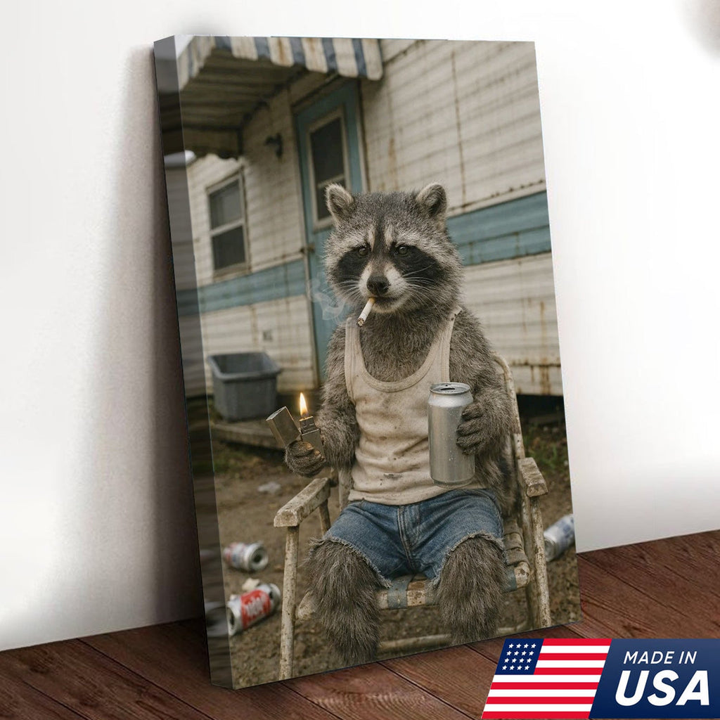 Funny Raccoon Trailer Park Canvas Wall Art, Redneck Raccoon Smoking with Beer
