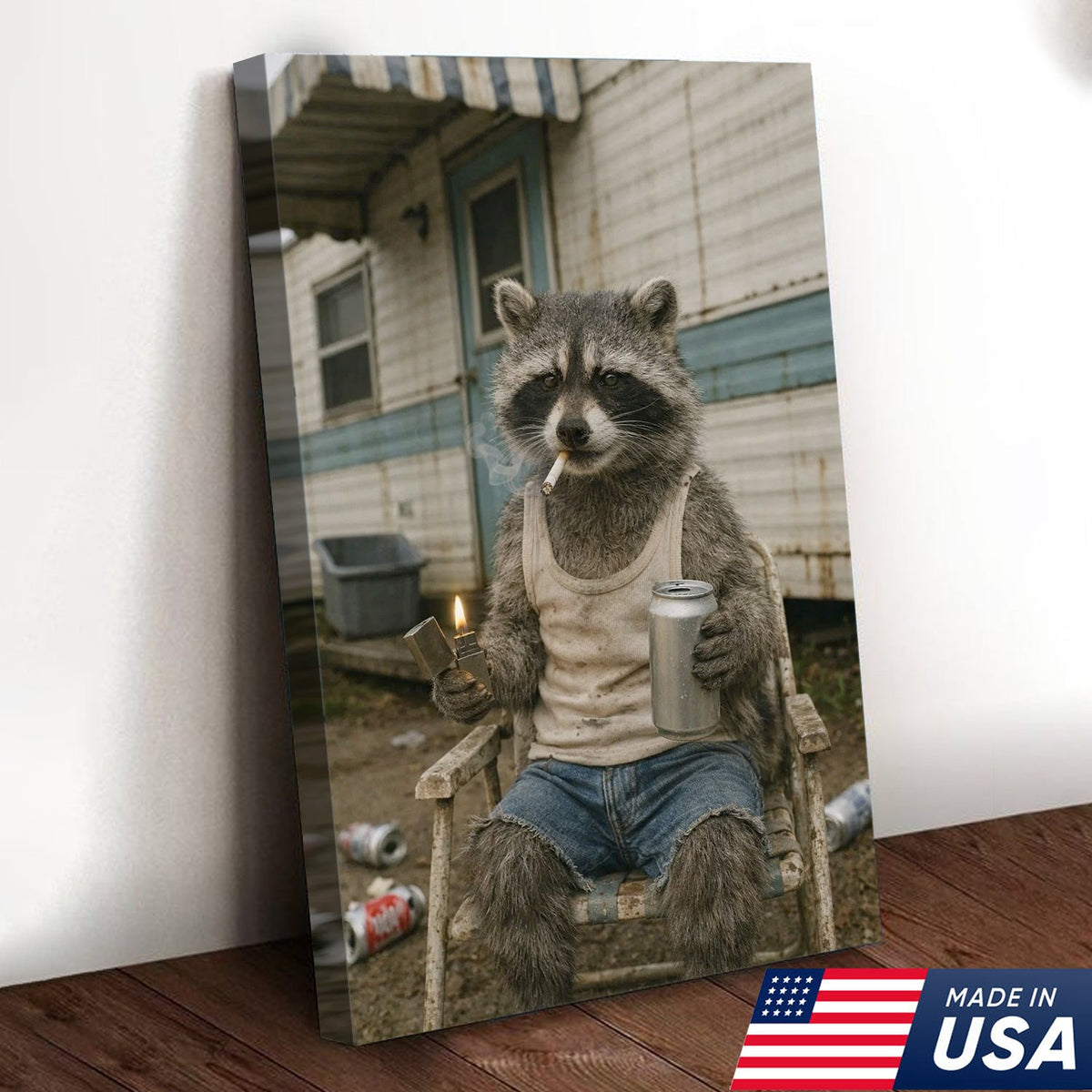 Funny Raccoon Trailer Park Canvas Wall Art, Redneck Raccoon Smoking with Beer