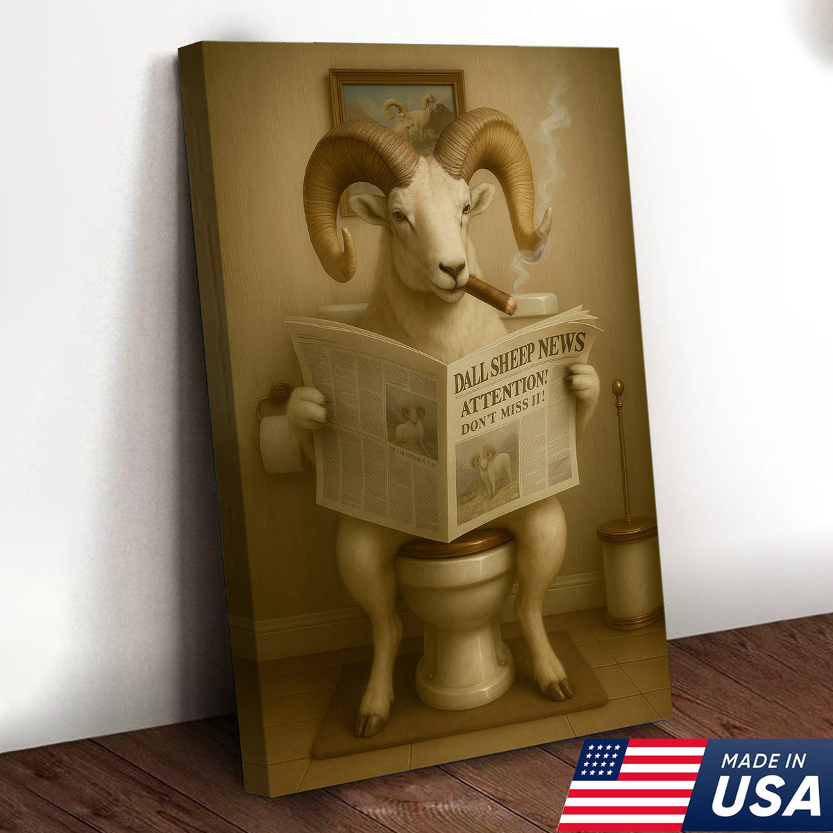 Hilarious Dall Sheep Canvas Wall Art – Rustic Bathroom Decor Perfect for Hunters and Nature Lovers