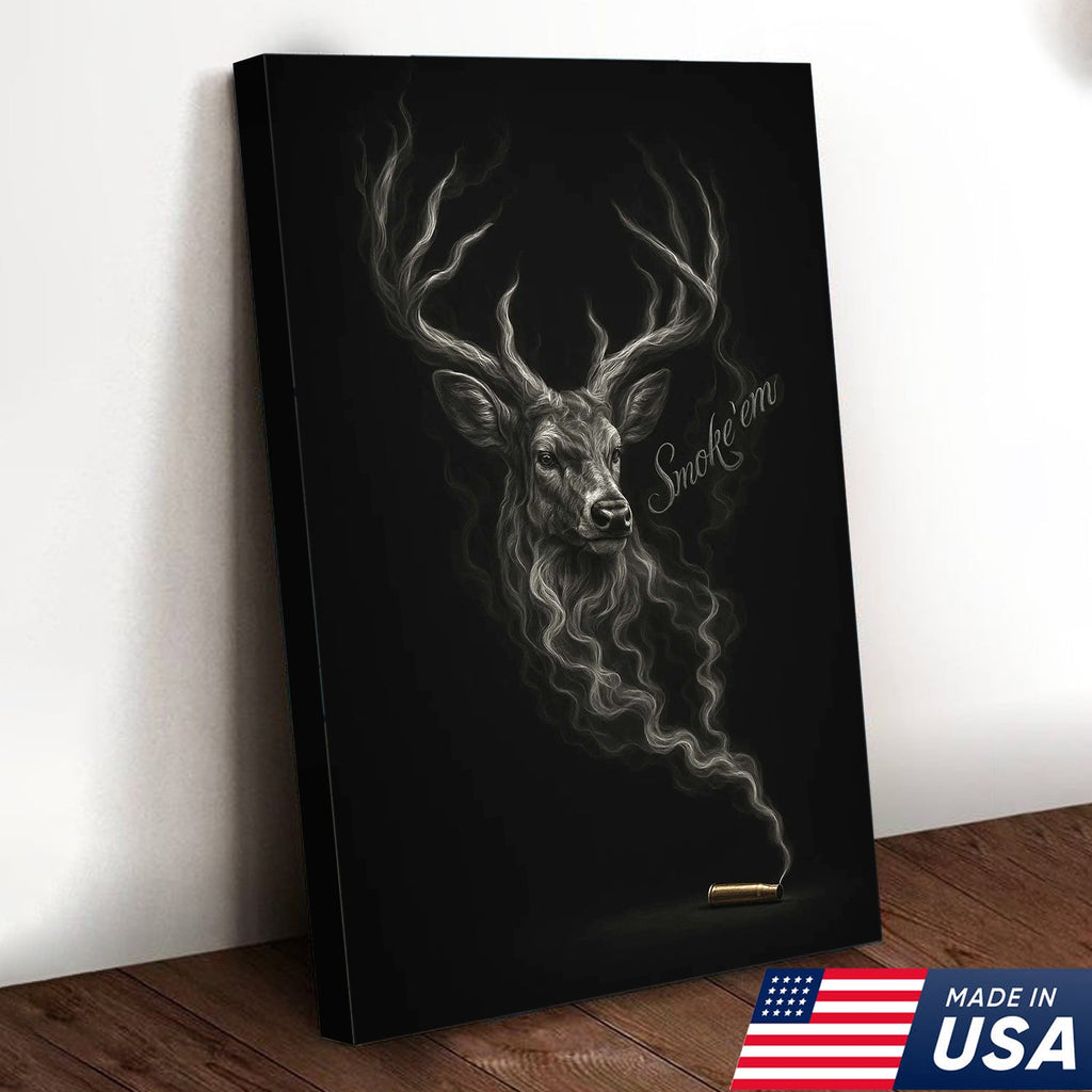 Smoke ’Em Deer Canvas, Rustic Hunter Wall Art, Smoky Buck Skull Design