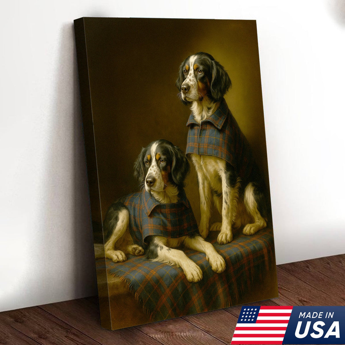 Elegant Dog Portrait Christmas Canvas Wall Art – Classic Plaid Outfit Decor