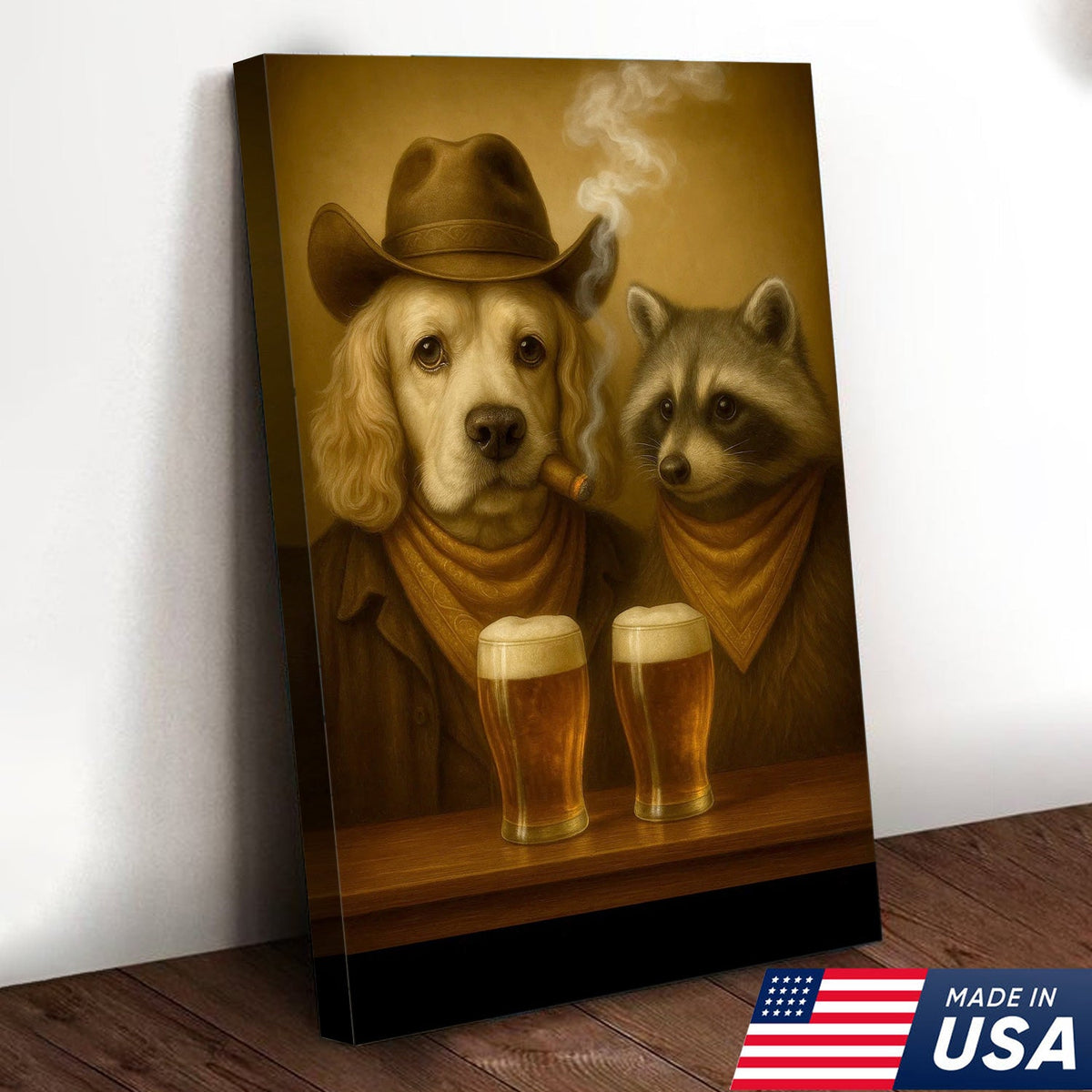 Funny Dog & Raccoon Bar Art – Cowboy Dog Smoking Cigar, Beer Buddies Wall Decor Gift for Men