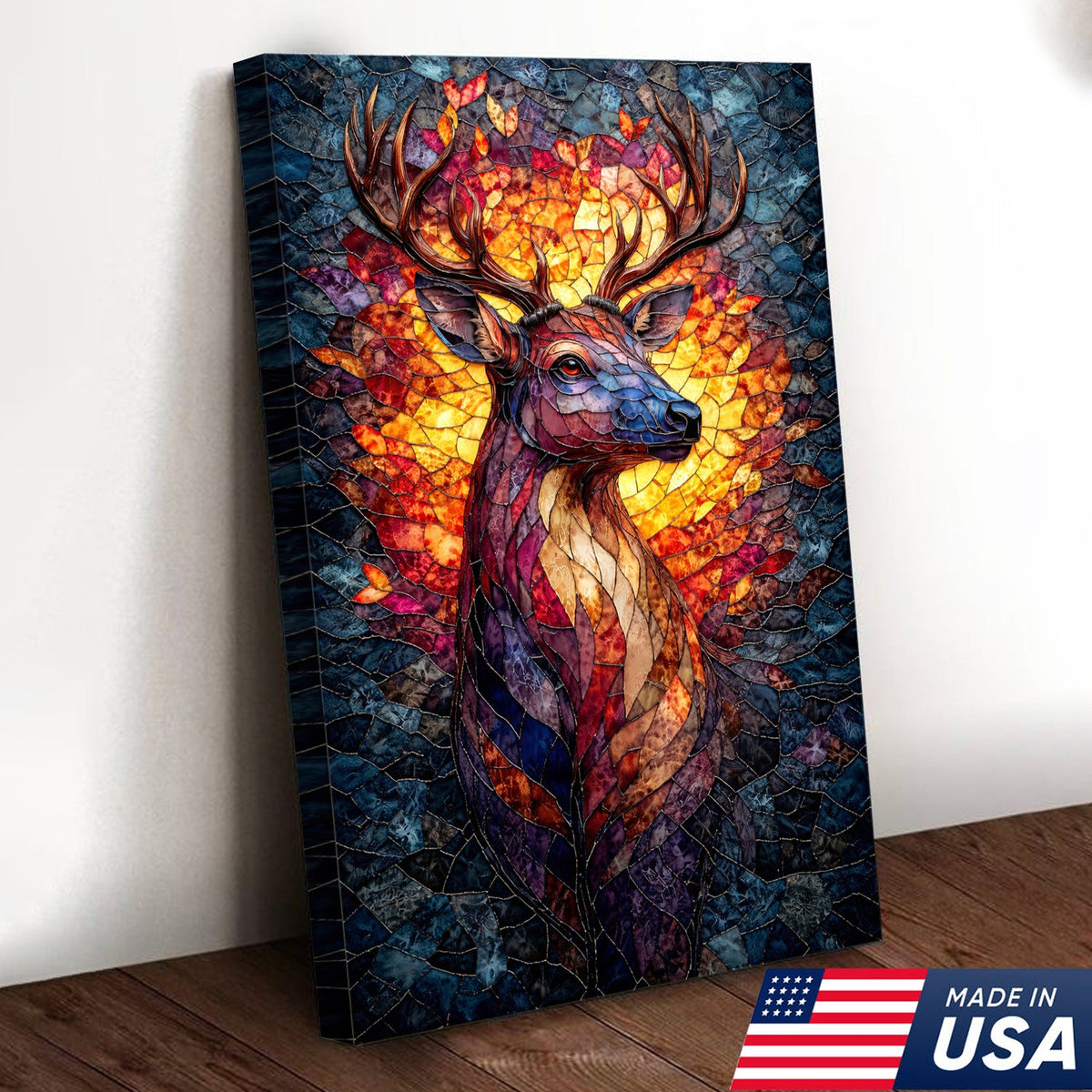 Stained Glass Deer Canvas Wall Art, Colorful Mosaic Animal Portrait
