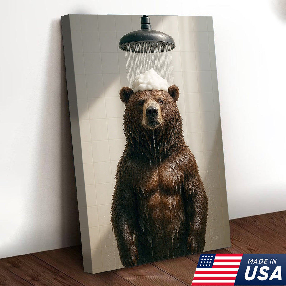 Funny Bear Taking Shower Bathroom Canvas Wall Art, Rustic Cabin Lodge Bathroom Decor