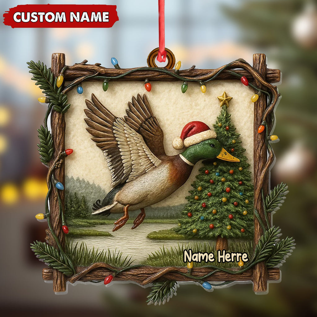 Personalized Flying Duck Christmas Ornament, Custom Name Hunting Gift for Outdoor Lovers