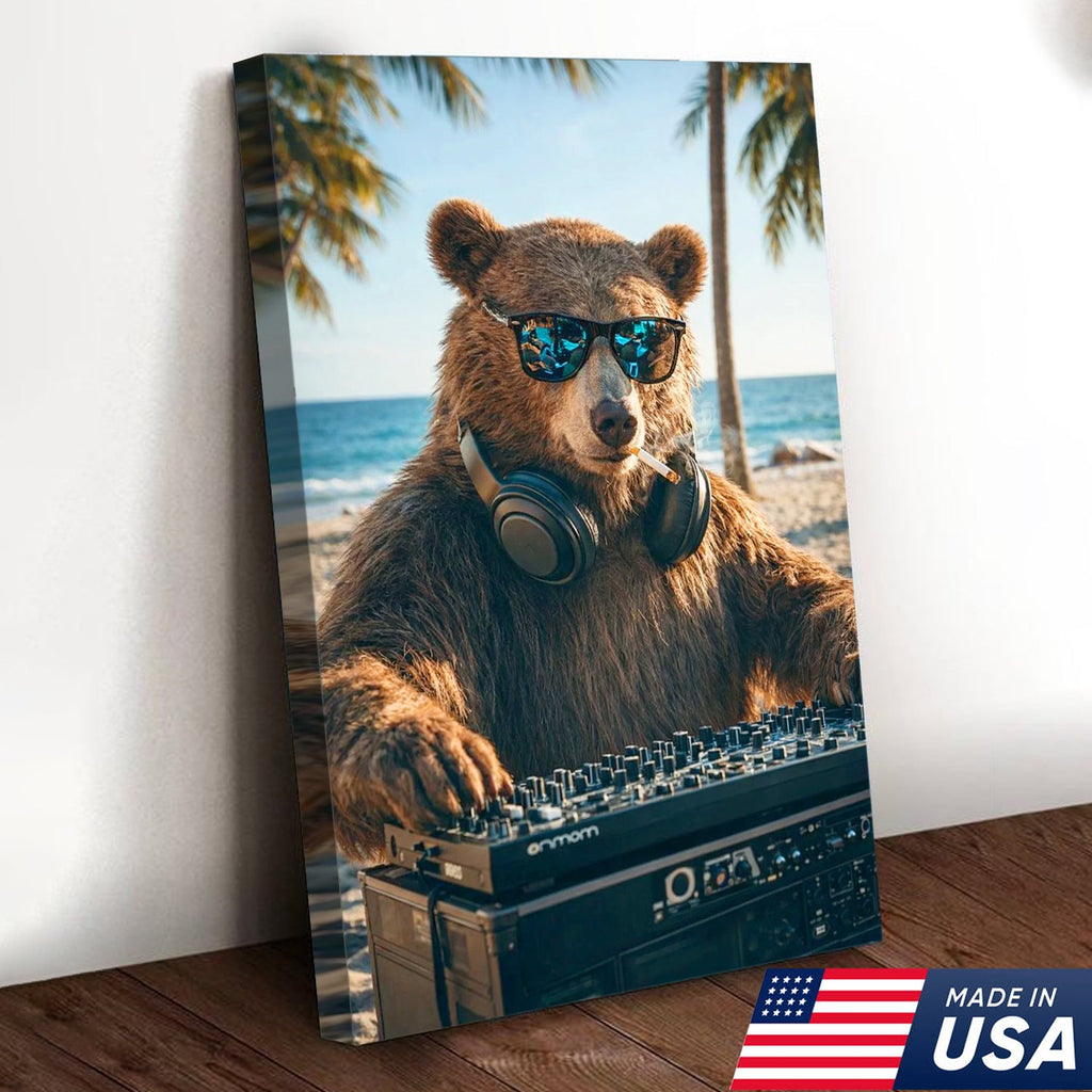 Cool DJ Bear Beach Canvas Wall Art – Trendy Animal Music Print