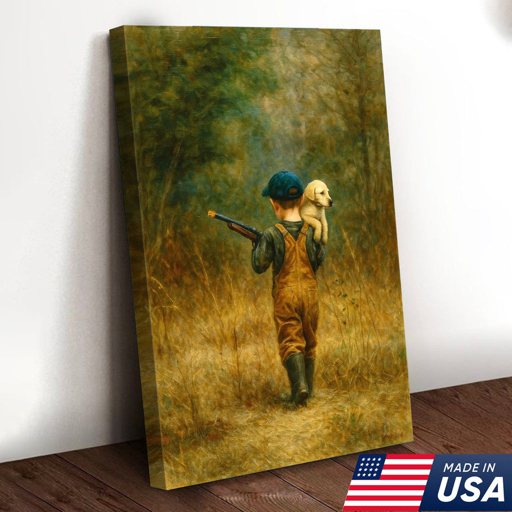 Little Hunter and Puppy Canvas Wall Art, Wholesome Boy with Dog Artwork