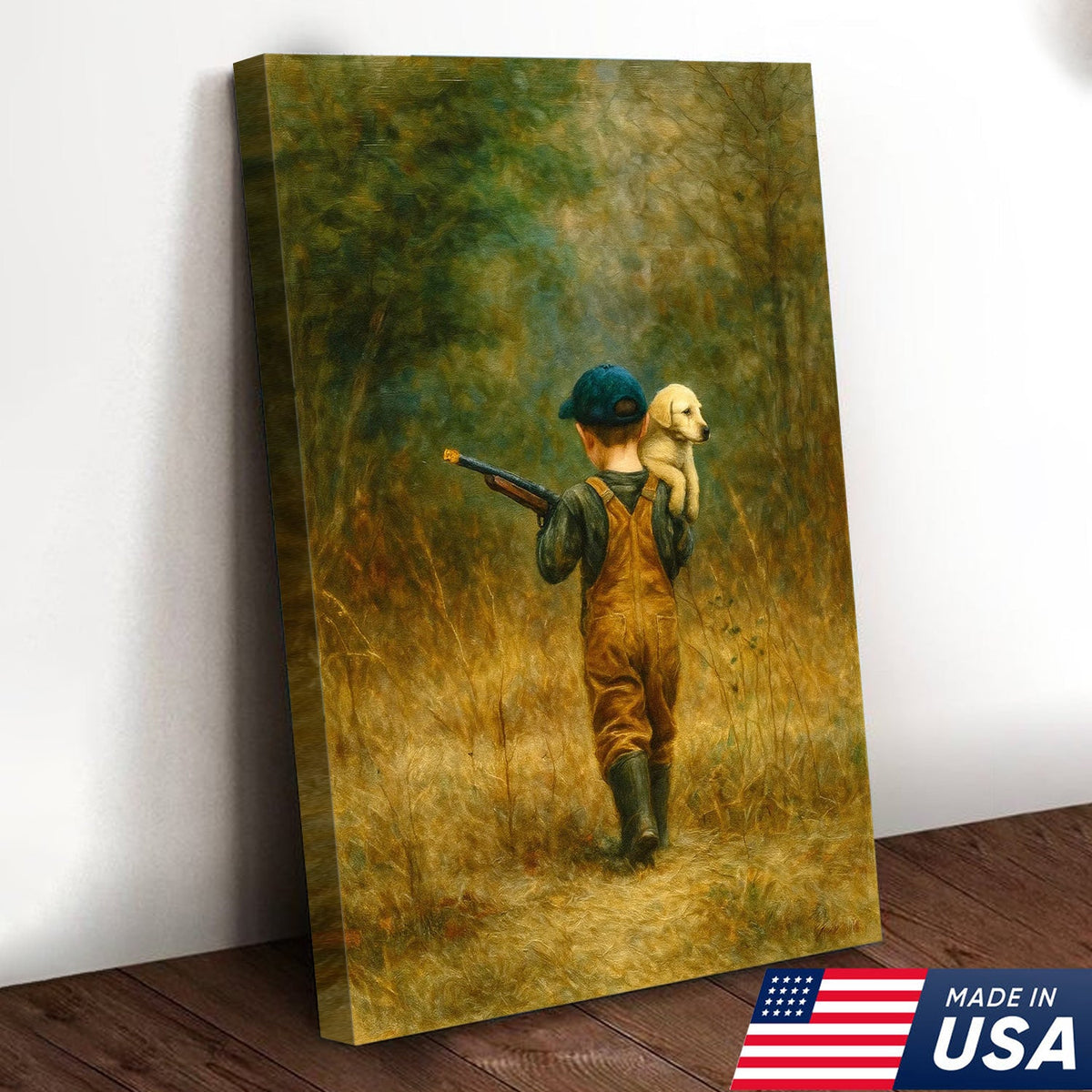 Little Hunter and Puppy Canvas Wall Art, Wholesome Boy with Dog Artwork