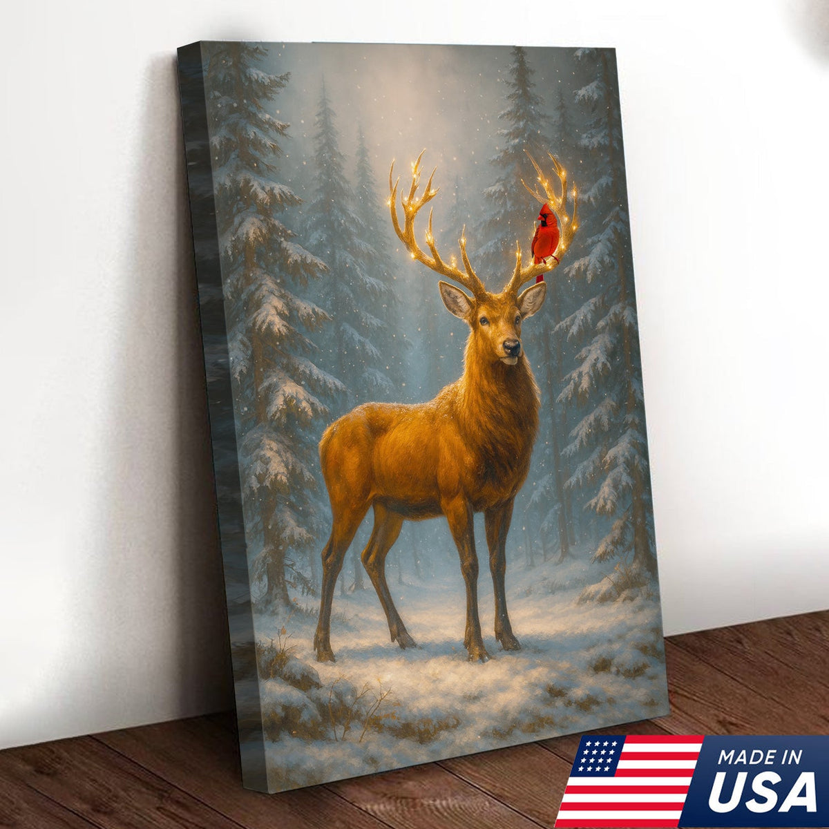 Majestic Deer Christmas Canvas Wall Art – Winter Woodland Decor, Lighted Antlers Canvas
