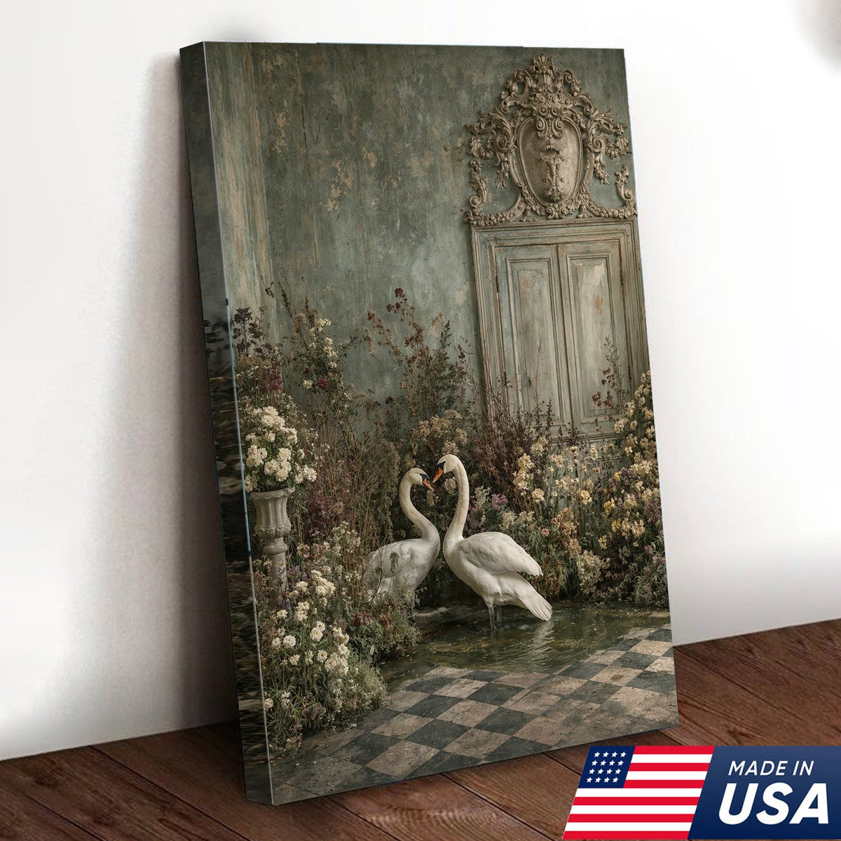 Romantic Swan Garden Canvas Wall Art, Elegant Swan Couple Forming Heart