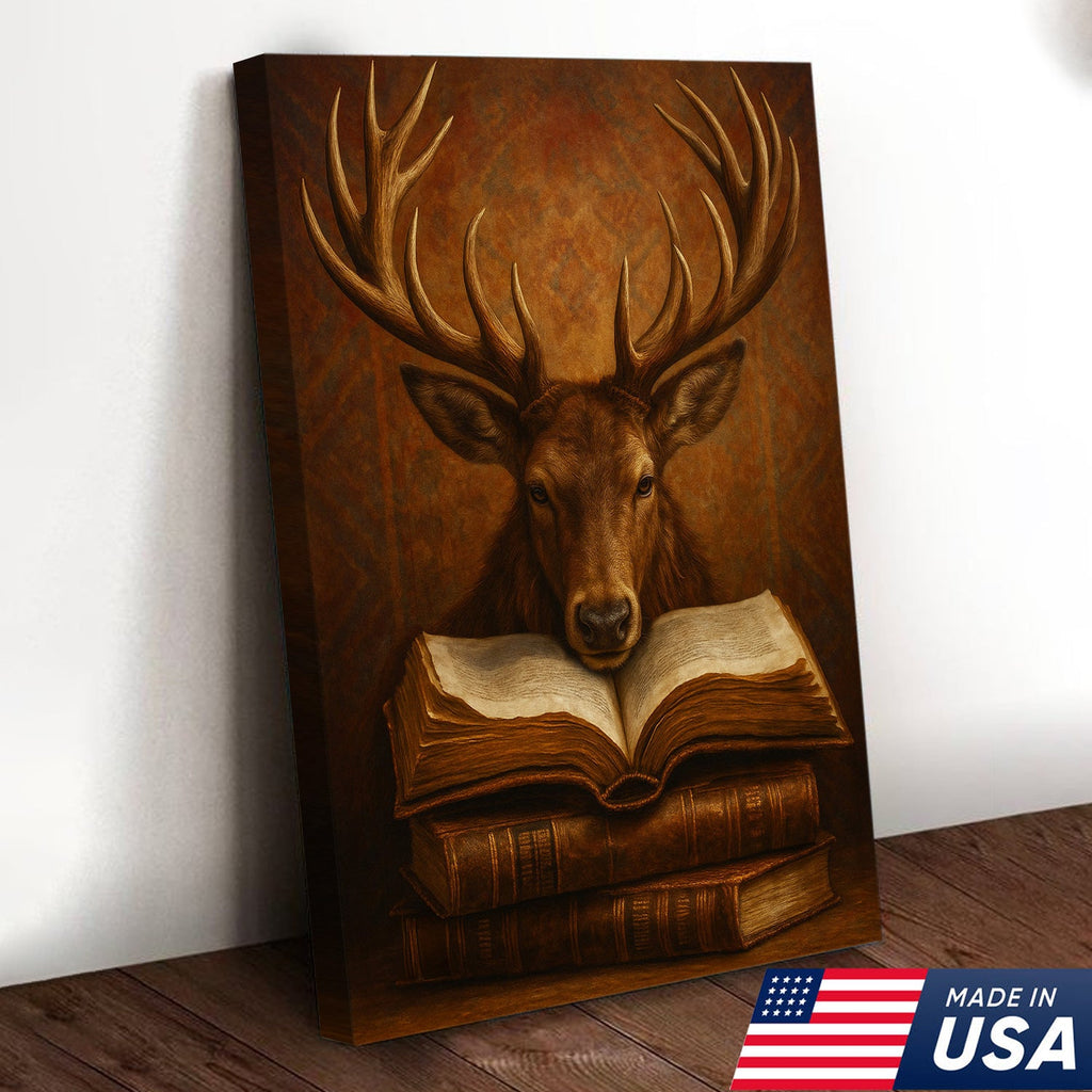 Wise Deer Canvas Wall Art – Rustic Library & Cabin Decor