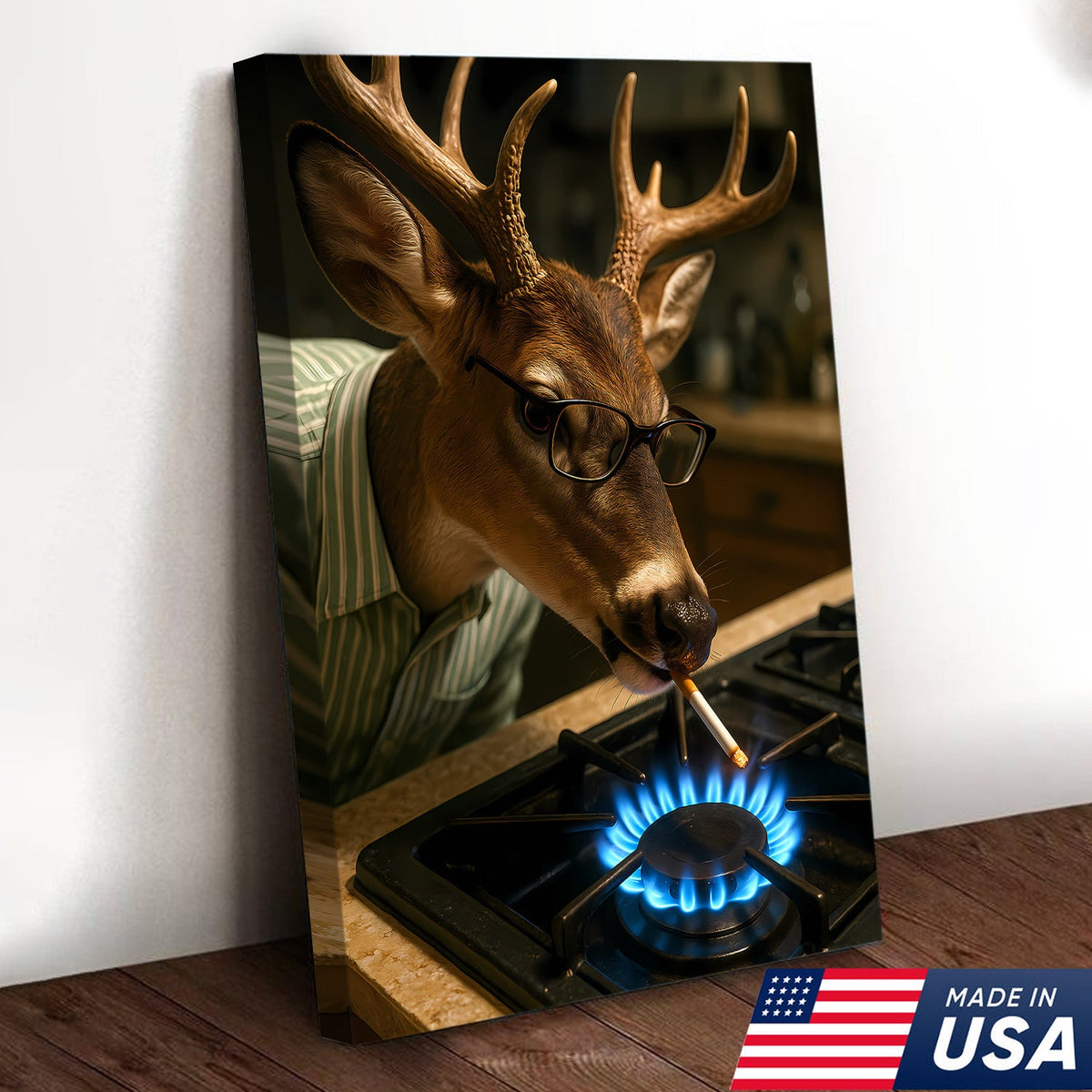 Funny Deer Smoking Canvas, Hilarious Buck Wall Art for Hunters, Rustic Cabin or Man Cave Decor