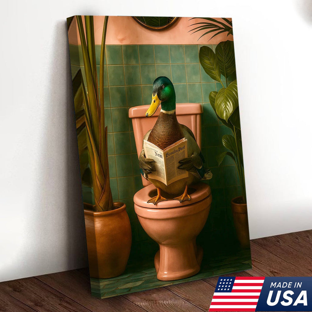 Whimsical Duck Bathroom Canvas Wall Art – Funny Rustic Lodge Decor – Mallard Reading Humor Print