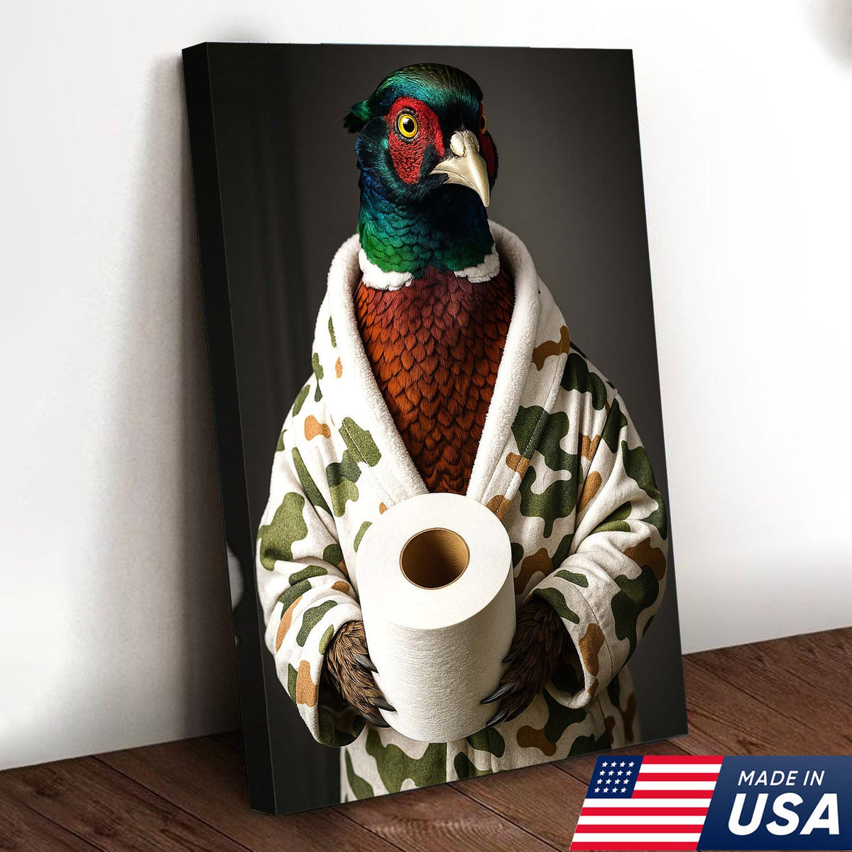Funny Pheasant Bathroom Wall Art – Camo Robe Bird Holding Toilet Paper Print
