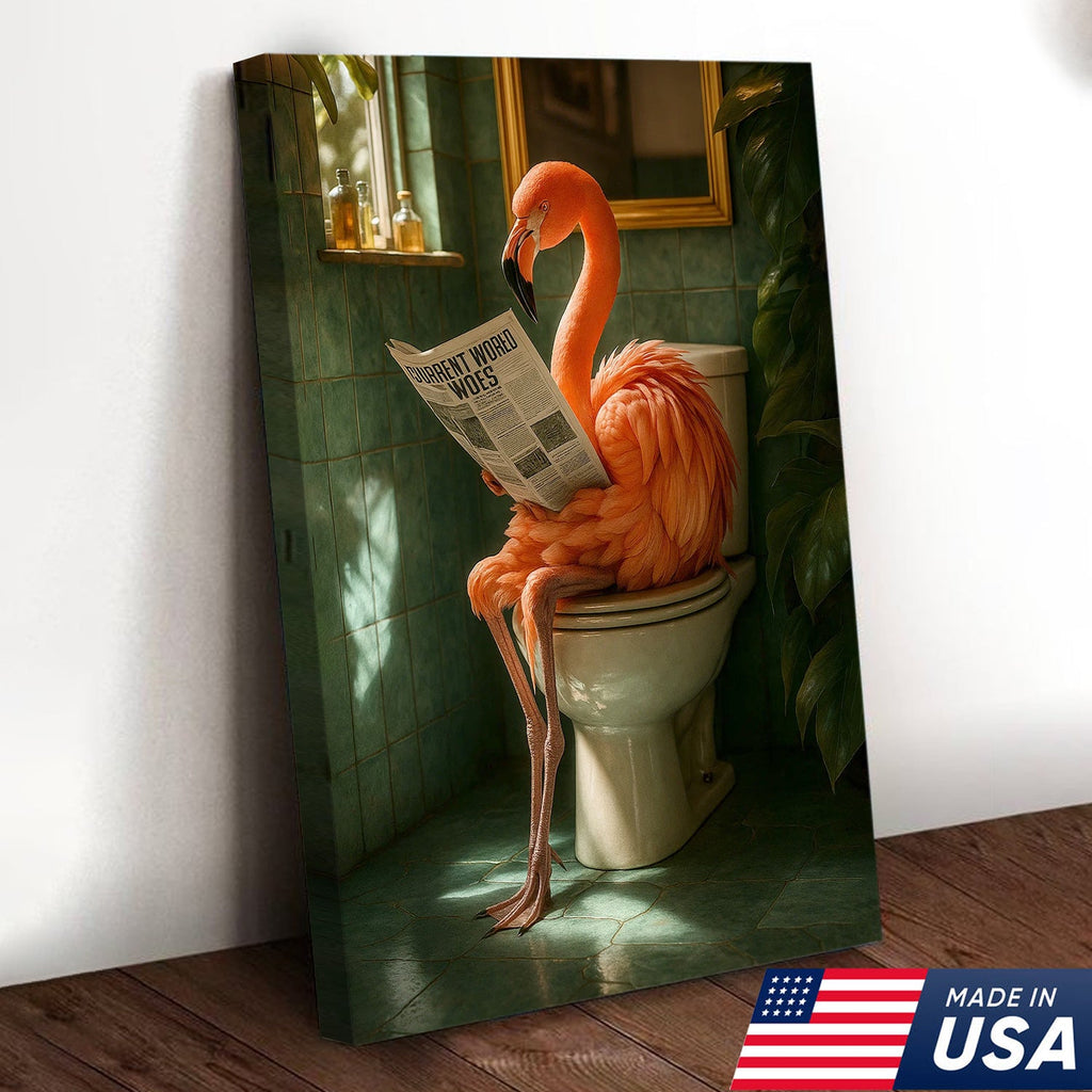 Funny Flamingo Bathroom Canvas Wall Art – Quirky Bird Reading Newspaper Print