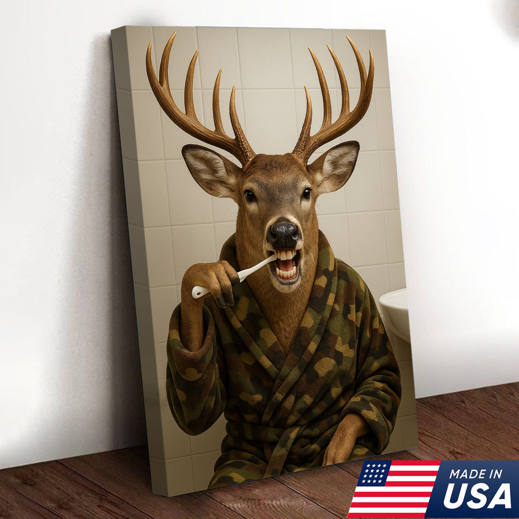 Funny Deer Brushing Teeth Wall Art – Rustic Bathroom Canvas for Cabin, Lodge & Man Cave Decor