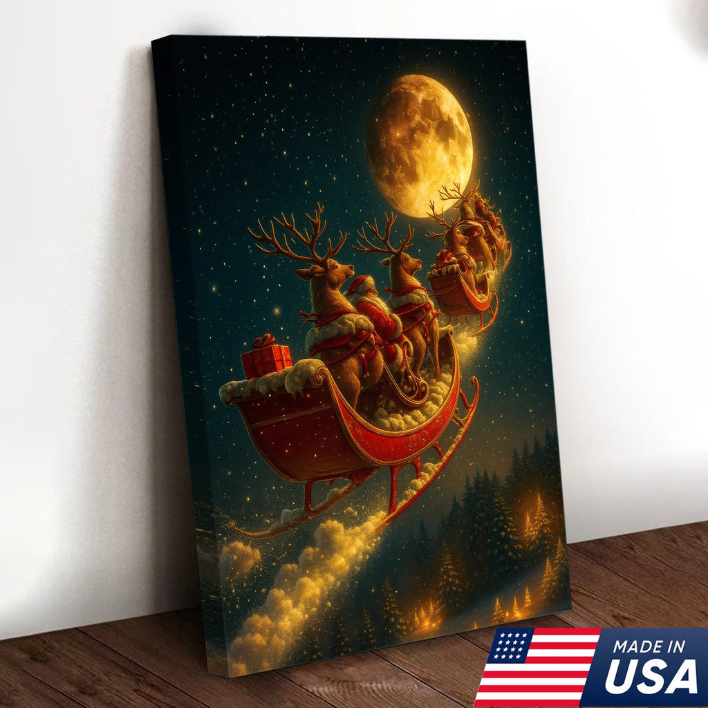 Magical Santa Sleigh and Reindeer Canvas – Christmas Wall Art Gift for Hunters & Holiday Lovers